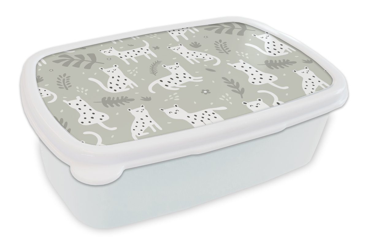 MuchoWow Lunchbox Muster - Leopard - Blätter, Kunststoff, (2-tlg), Brotbox für Kinder und Erwachsene, Brotdose, für Jungs und Mädchen weiß