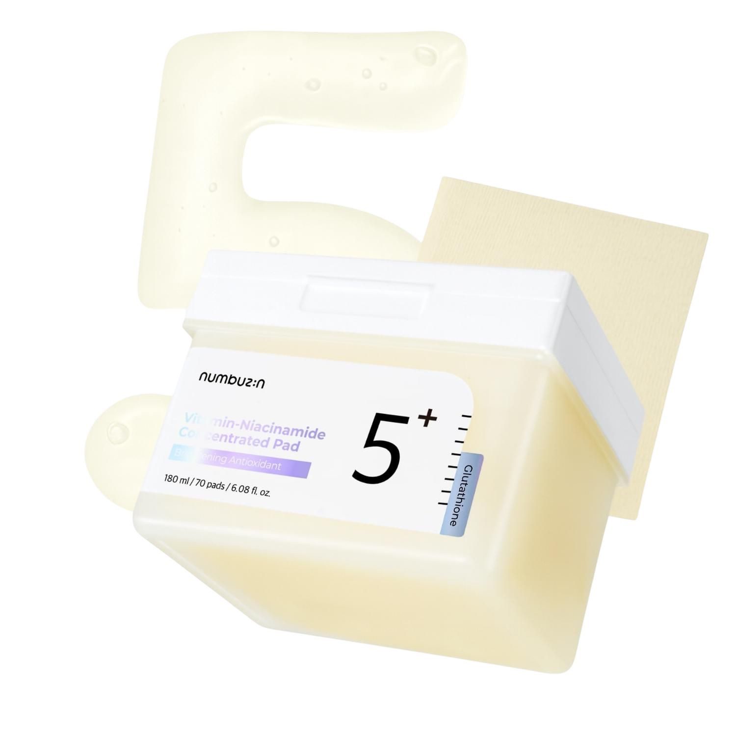 numbuzin Toner No.5 Vitamin-Niacinamide Concentrated Pad, 70 Pads/180 ml Gesichtspflege gegen Pigmentflecken, mit 5 % Niacinamid, Tranexamsäure & Glutathion, feuchtigkeitsspendend, für alle Hauttypen