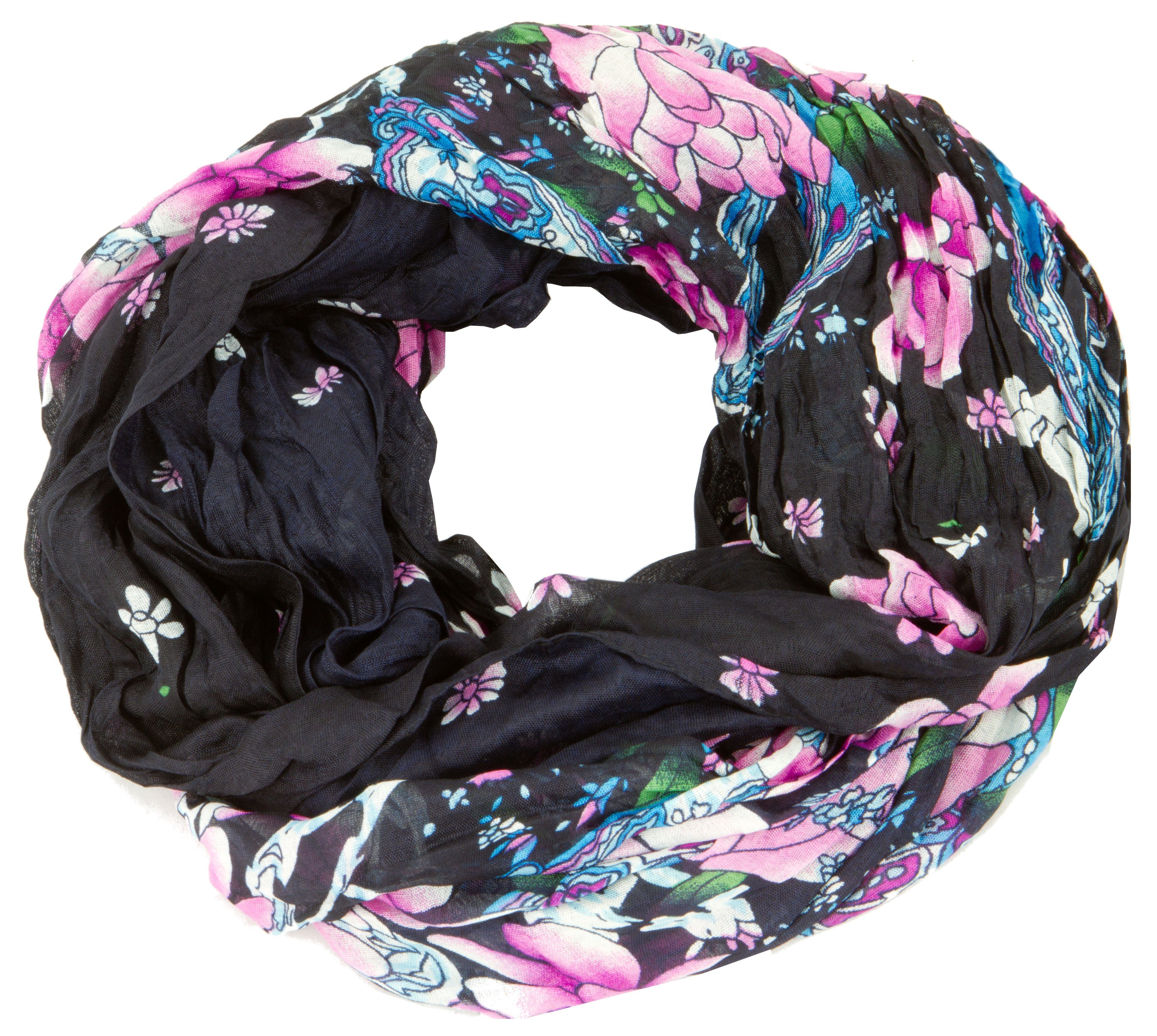 AvaMia Modeschal Blume-3999 Loop Schal Schlauchschal mit Blumen, Schlauschal 80 x 170 cm Schwarz-Blau