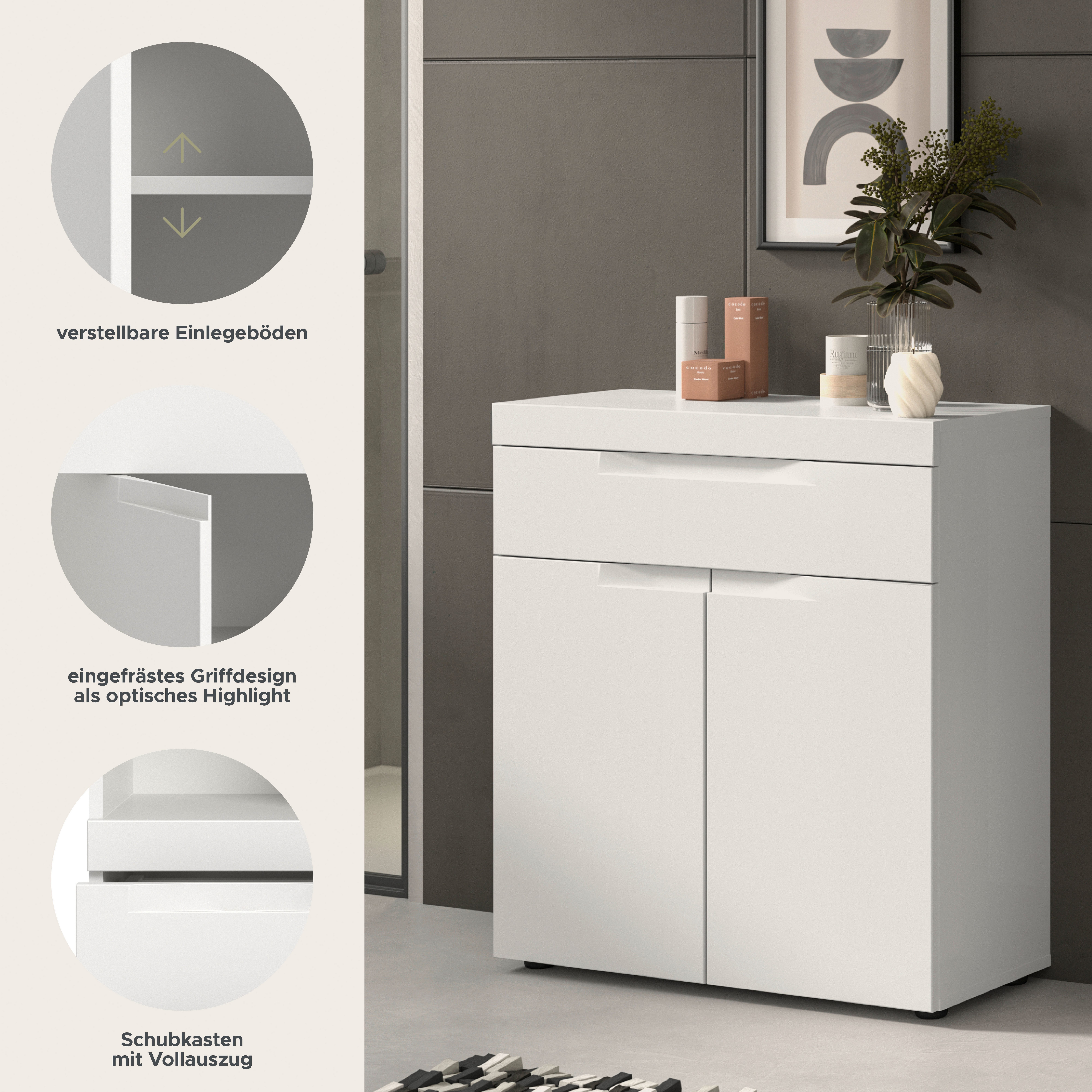 OTTO home Badkommode MAOI, Breite 75 cm, 2 Türen, 1 Schubkasten, 2 Fächer (mit eingefräster Griffmulde in der MDF Front), Badezimmerschrank, Schrank, Kommode, Midischrank, Bad, Badezimmer