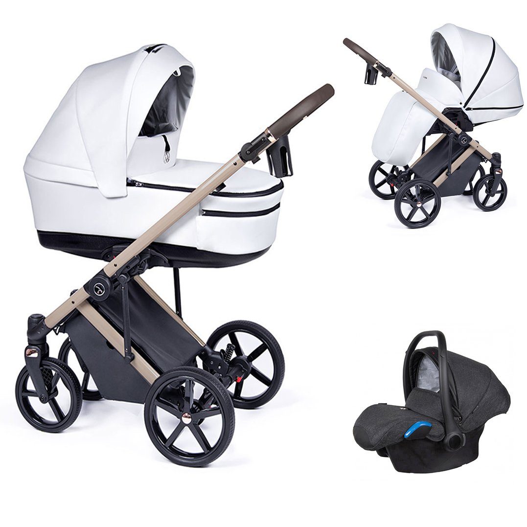 babies-on-wheels Kombi-Kinderwagen 3 in 1 Kinderwagen-Set Fado Eco - 15 Teile - in 21 Designs Weiß = Gestell beige