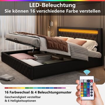 REDOM Polsterbett Polsterbett Doppelbett Stauraumbett Bett mit Lattenrost ohne Matratze (140 x 200 cm ohne Matratze), Funktionsbett mit Lattenrost und Stauraum, Mit LED-Beleuchtung