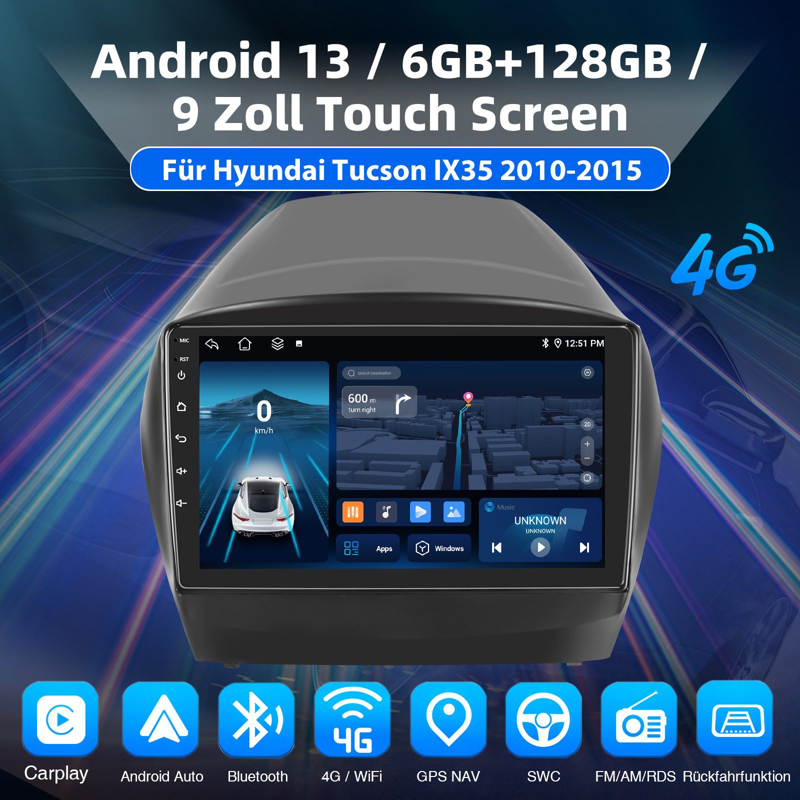 ESSGOO DAB+ Carplay Für Hyundai ix35 Tucson Android 15 Autoradio GPS 6+128G Autoradio (RDS, 6GB+128GB, Digitalradio (DAB), FM, AM, Carplay Android Auto Bluetooth EQ USB GPS Navi WIFI Touchscreen)