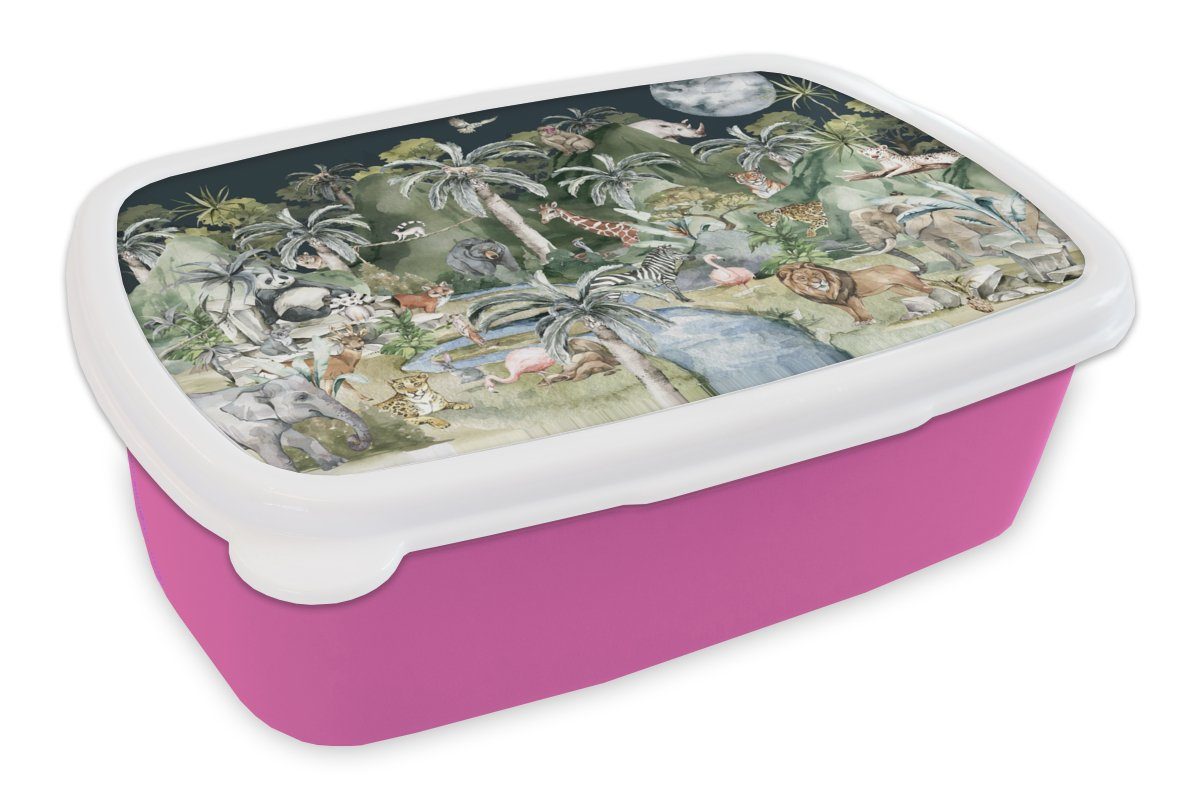 MuchoWow Lunchbox Kinder - Dschungel - Natur - Tiere - Pflanzen, Kunststoff, (2-tlg), Brotbox für Erwachsene, Brotdose Kinder, Snackbox, Mädchen, Kunststoff rosa