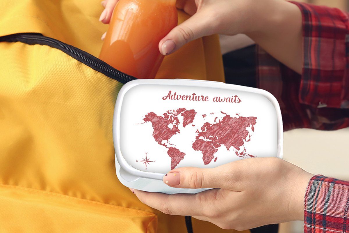 MuchoWow Lunchbox Weltkarte Erwachsene, weiß für Rot und Zitat, - (2-tlg), Brotdose, und - Kunststoff, für Jungs Kinder Brotbox Mädchen