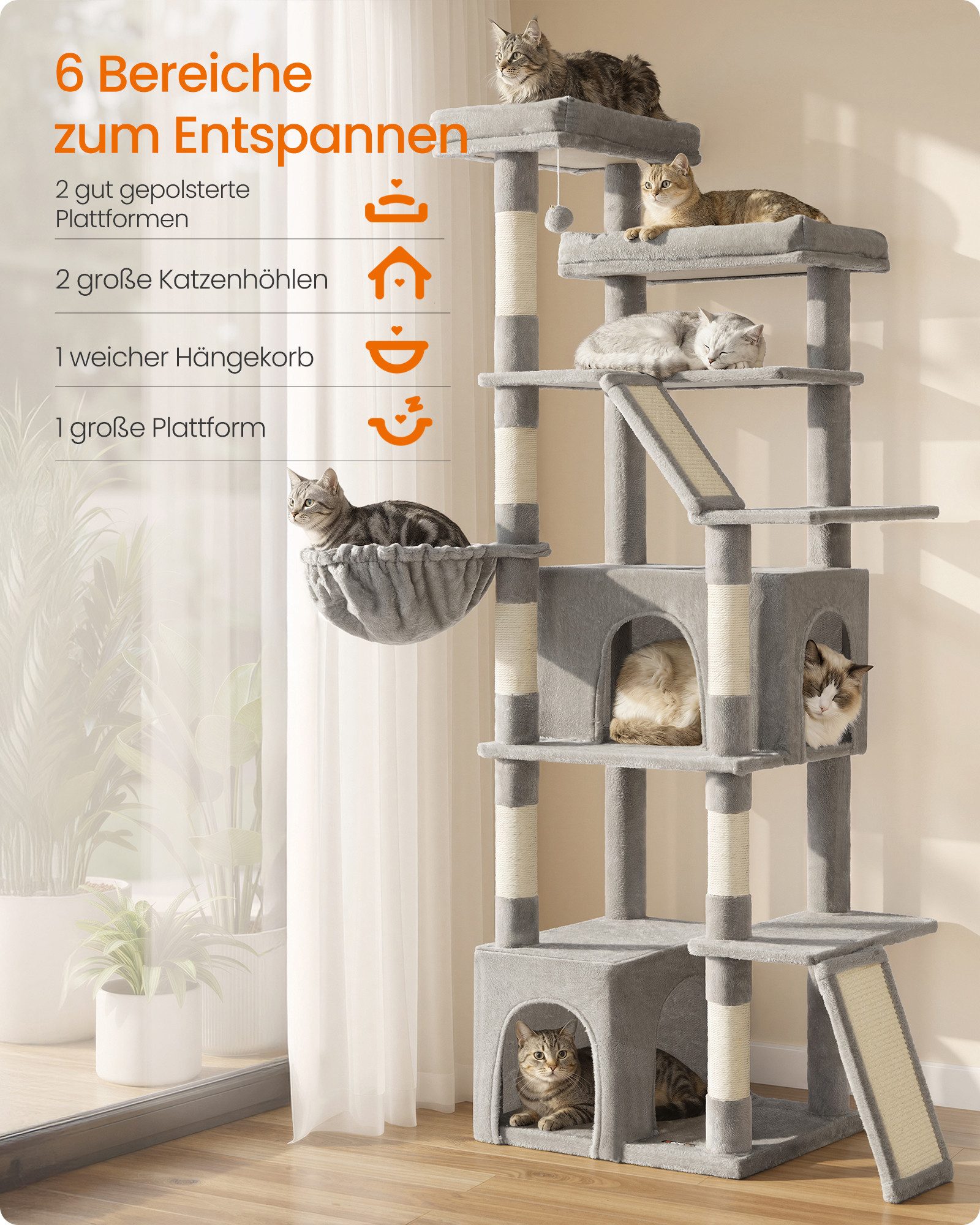 FEANDREA Kratzbaum Großer Katzenbaum mit Sisalstämmen, Mehrstöckiger Kletterbaum, mit Kratzbrett, Katzenturm für Mehrere Katzen, 55 x 45 x 185 cm