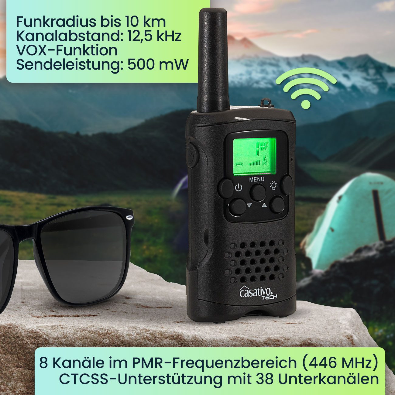 Casativo Funkgerät Walkie Talkie PMR-Funkgerät VOX&Taschenlampe 10km-Reichweite 8 Kanäle, (4-St), Sprachübertragung auf Knopfdruck (Push-to-Talk), LED-Taschenlampe
