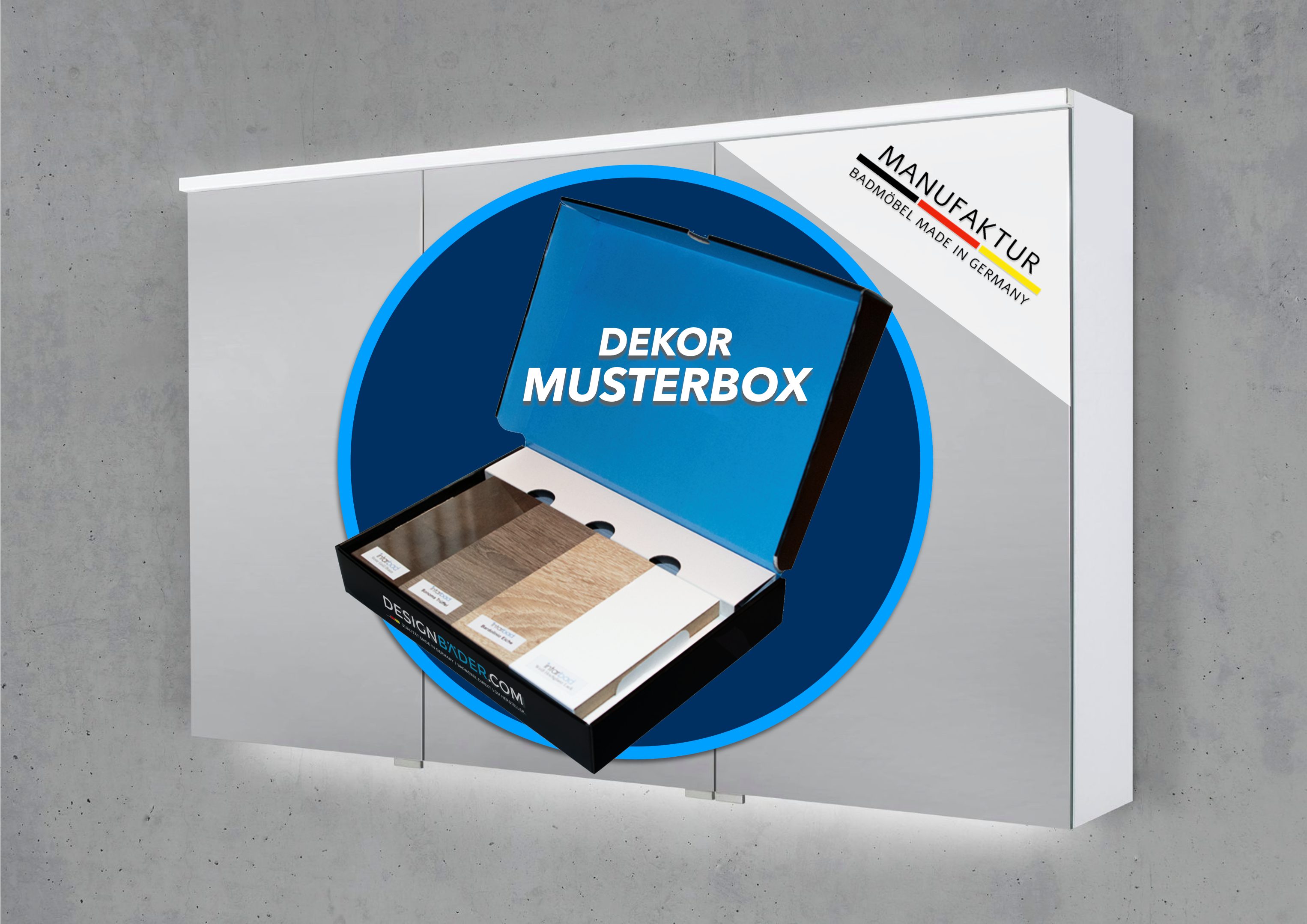 Intarbad Badezimmerspiegelschrank 1 x Musterbox mit 6 Dekorvarianten für Intarbad Spiegelschränke (6 Musterdekore, Weiß Matt / Hochglanz, Kaschmir Matt, Anthrazit, Eiche Natur / Tabak)