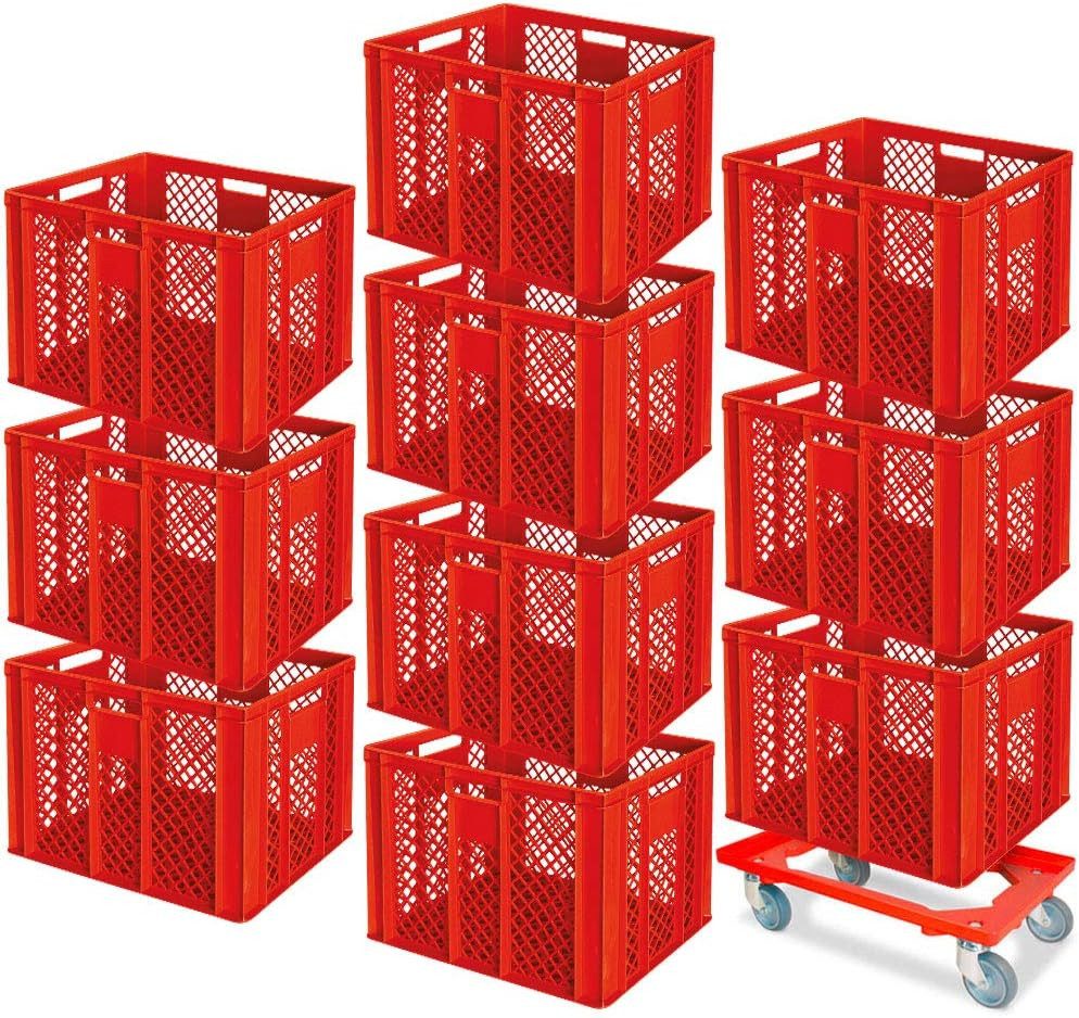 BRB-Lagertechnik Stapelbox 10x Eurobehälter/Bäckerkiste, LxBxH 600x400x410 mm + Transportroller, Stoßfest, robust und formstabil