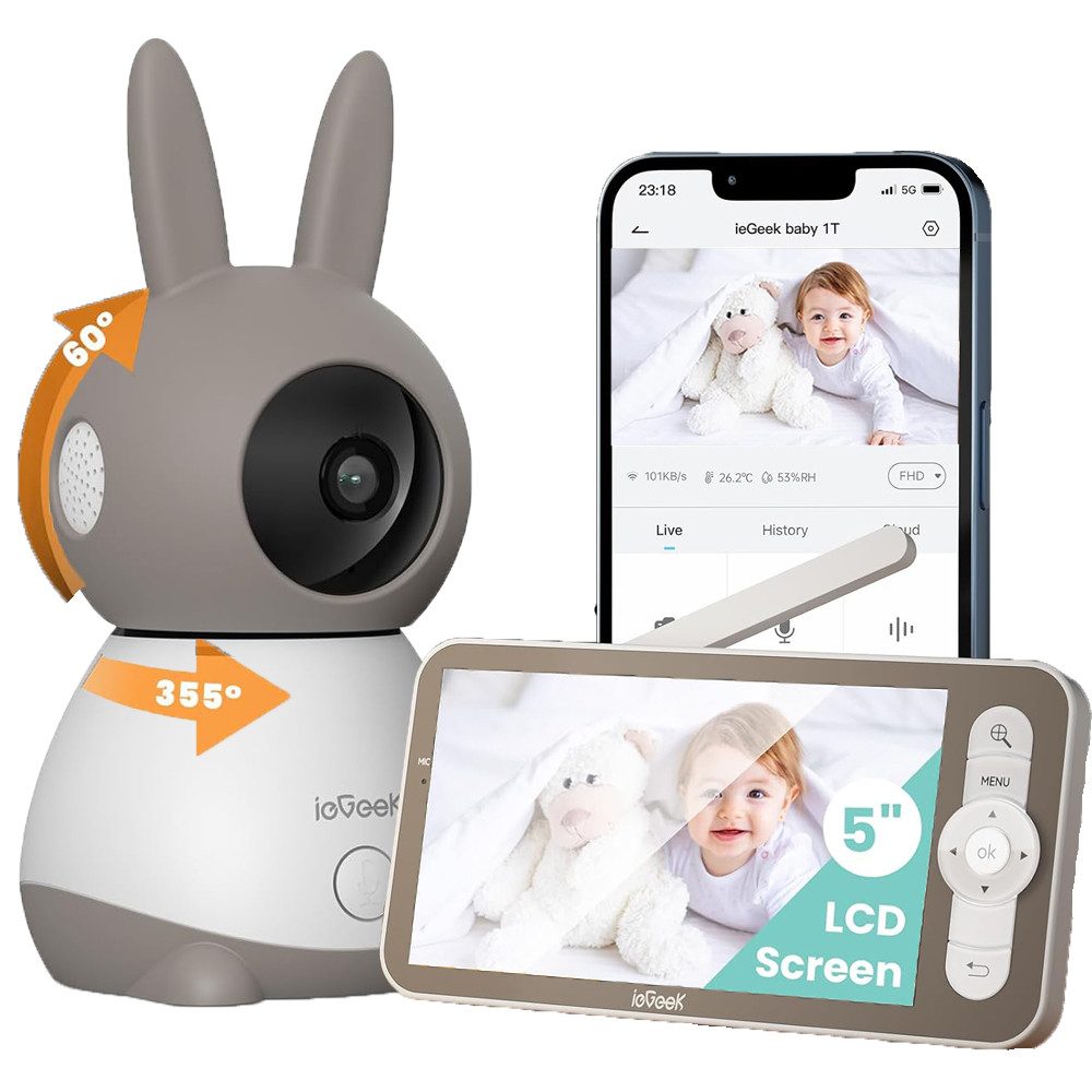 Babyphone 5 Zoll WLAN Video babyfone PTZ 355° Babyphone mit Kamera 2K/3MP