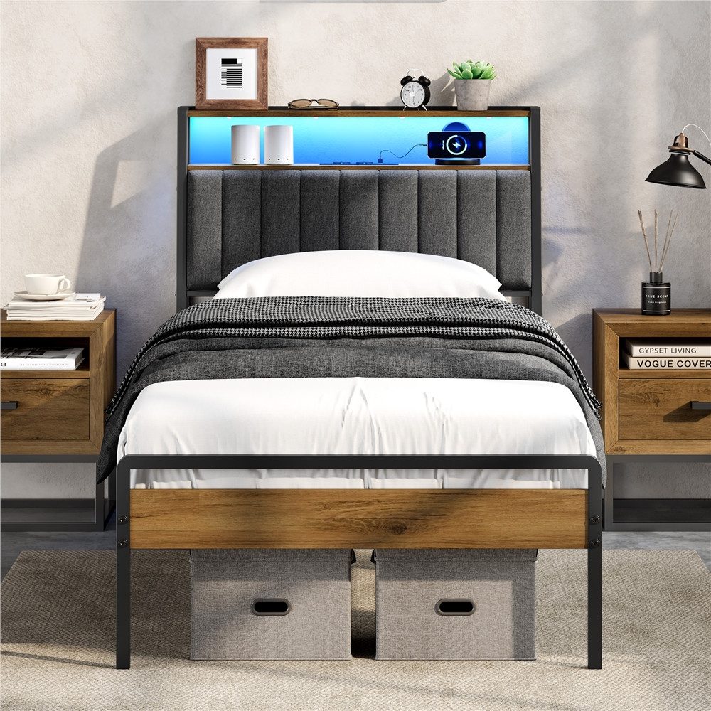 Yaheetech Bettgestell mit Ladestation & LED-Beleuchtung & Gepolstertem Kopfteil, Metallbett mit 2 Ablagen, 90/140 cm (B)