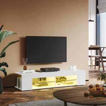 SONNI TV-Schrank TV Lowboard Breite 135cm Weiß Hochglanz mit LED Beleuchtung mit Glasböden, Unterschrank, für Wohnzimmer, TV-Kommode, Fernsehschrank