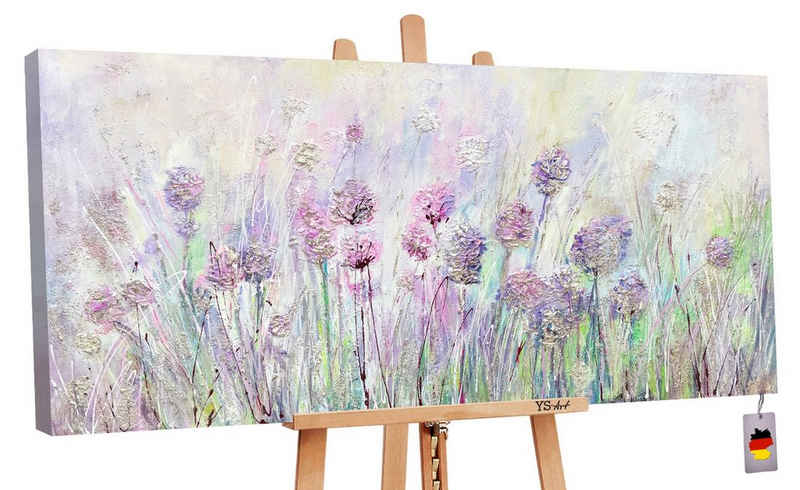 YS-Art Gemälde Blumen auf der Wiese, Landschaft, Lila Blumen Feld Grün Leinwand Bild Handgemalt