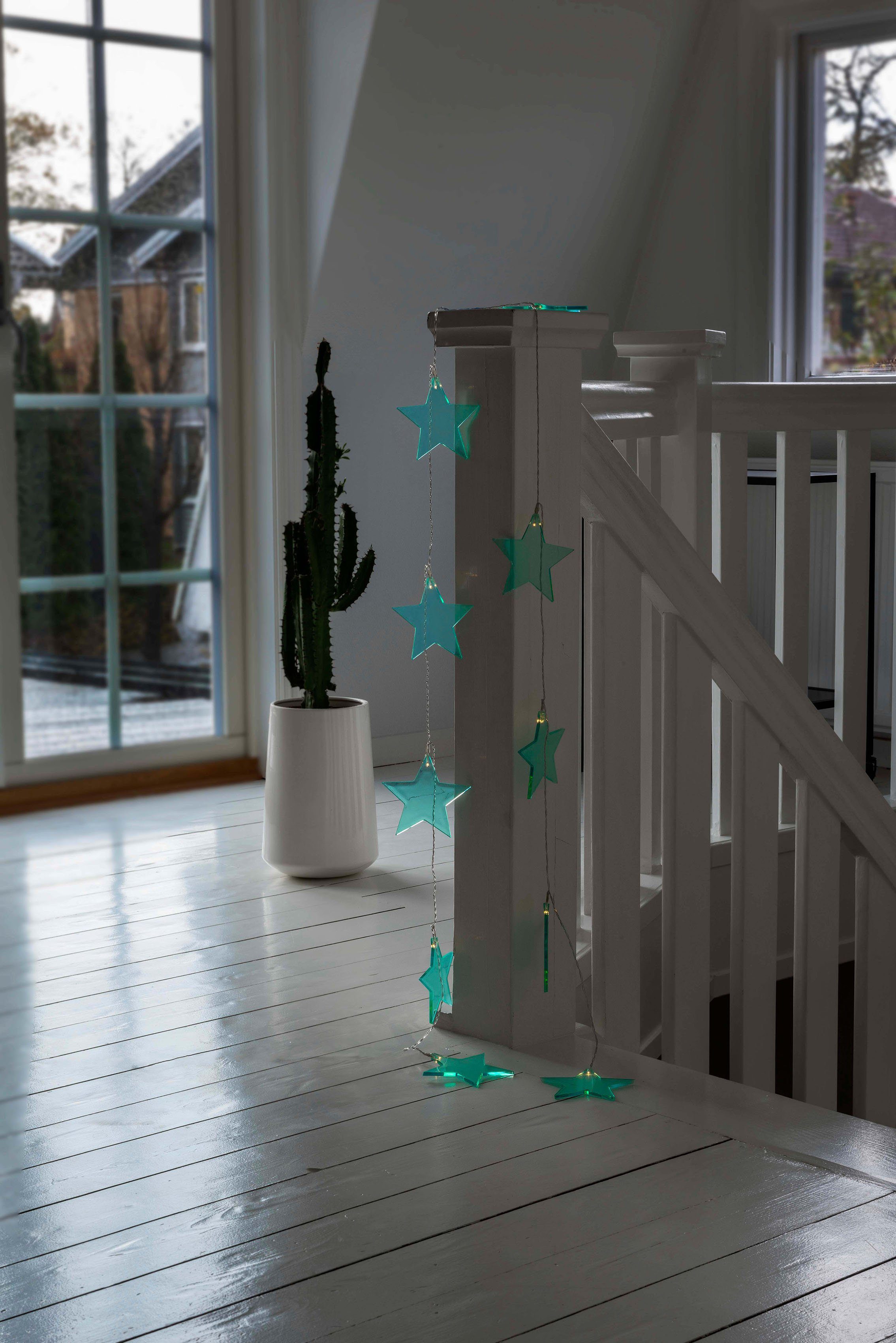 KONSTSMIDE LED-Lichterkette Weihnachtsdeko, 10-flammig, LED Dekolichterkette, 10 grüne Plexiglassterne, 10 warm weiße Dioden