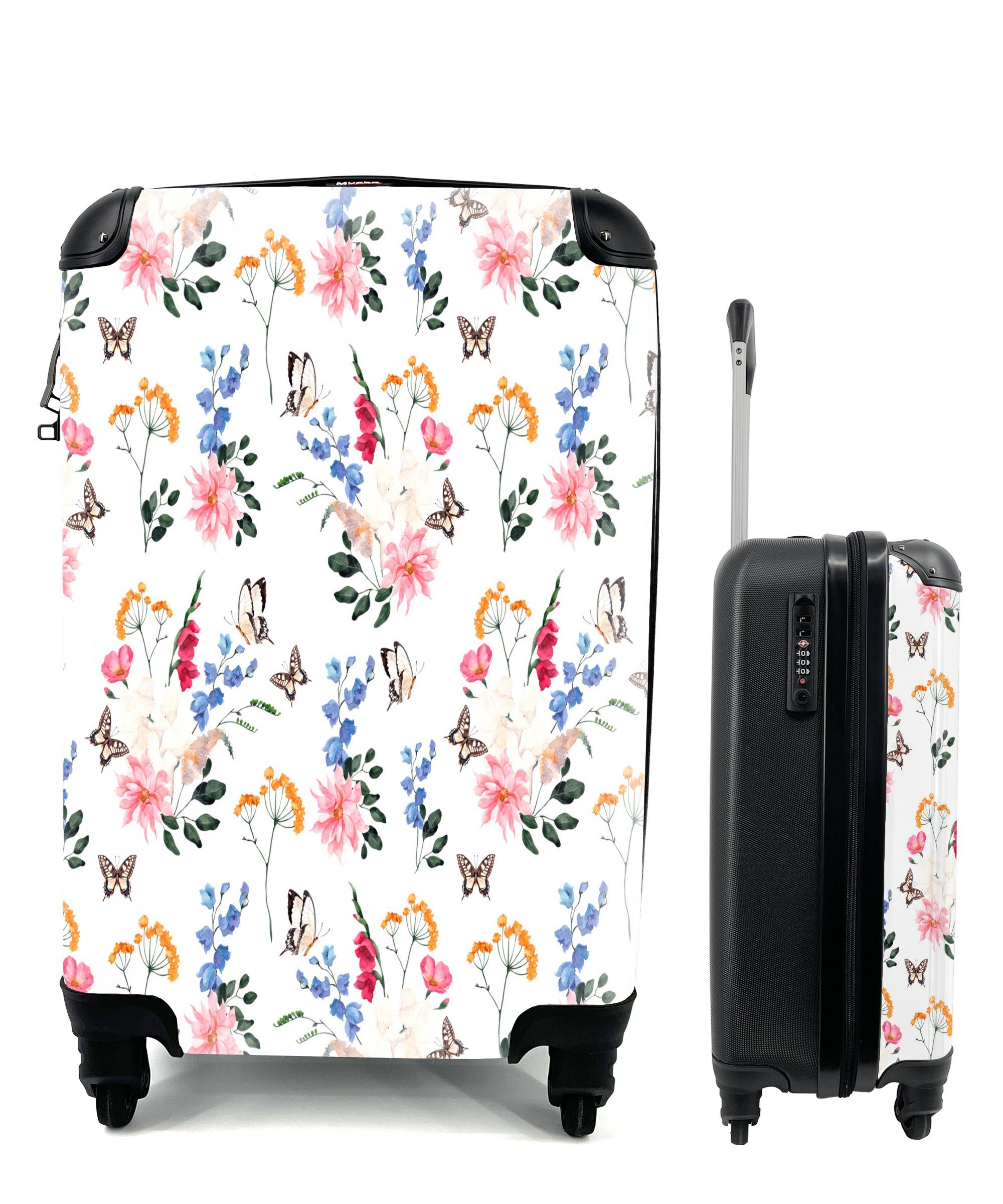 Handgepäck rollen, Reisekoffer Ferien, - Blumen - Reisetasche Trolley, Rollen, 4 MuchoWow Collage, Handgepäckkoffer für Schmetterlinge mit