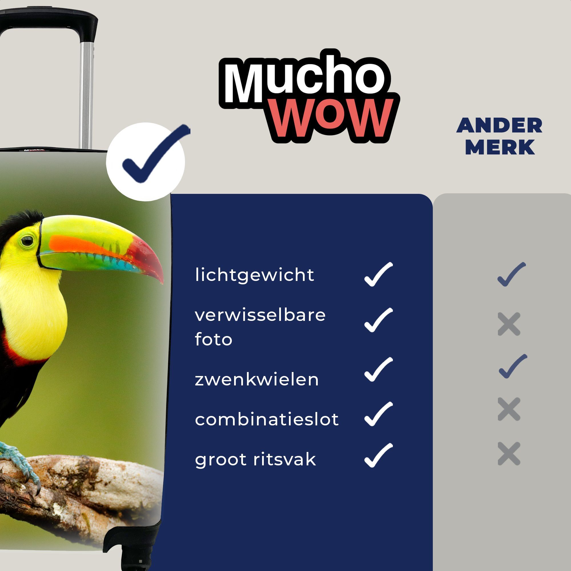 Reisekoffer - - MuchoWow Tukan Grün Zweig, Trolley, - Vogel mit rollen, Handgepäckkoffer Ferien, Handgepäck für - Rollen, Reisetasche Regenbogen 4