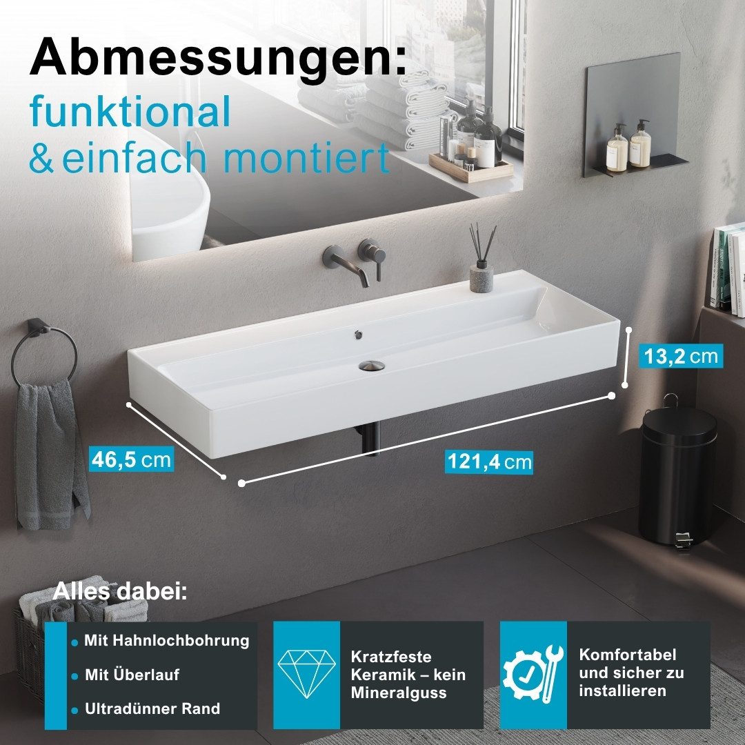 Aqua Bagno Waschtisch Wandmontage Waschbecken Keramik weiß extra groß modern
