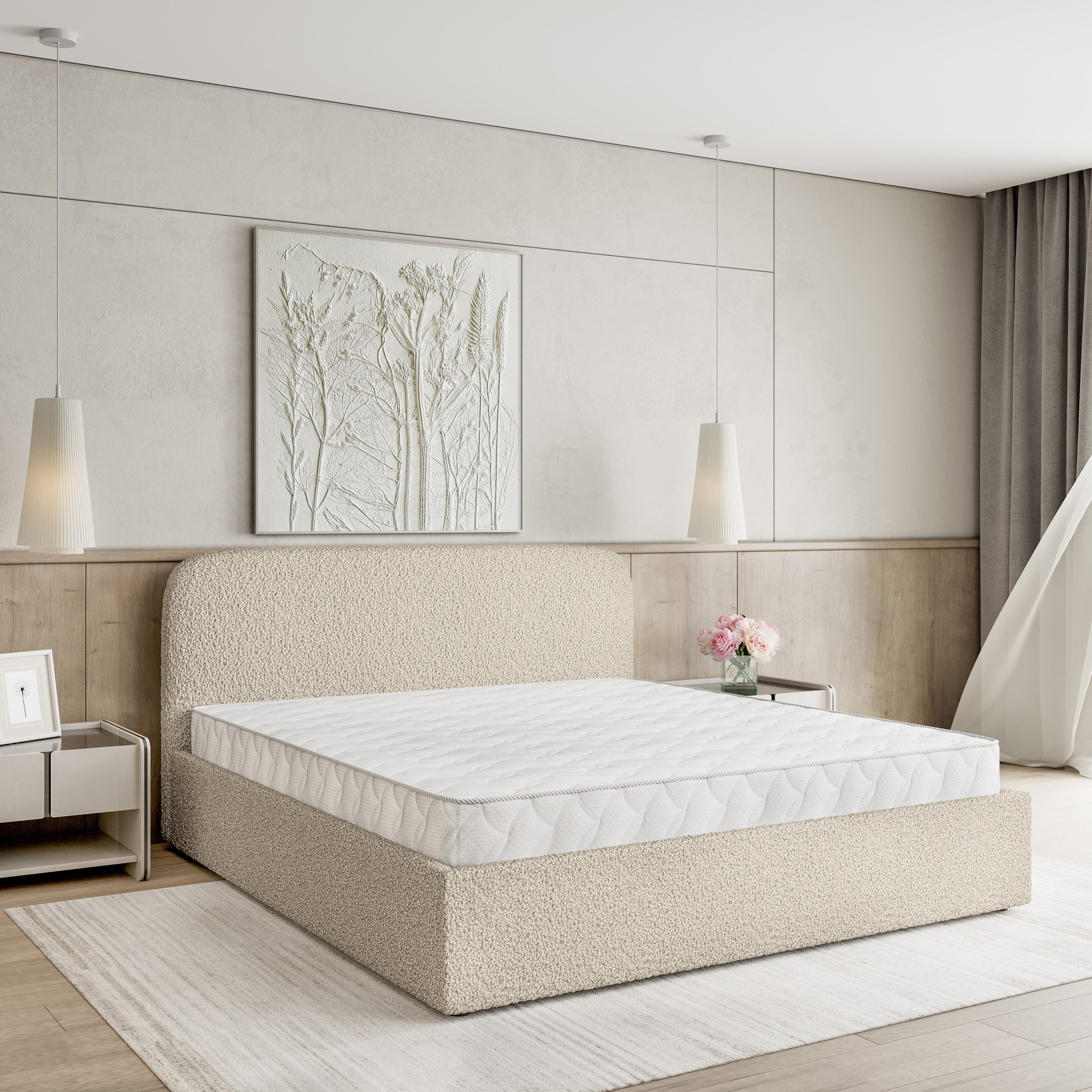 Masseno Polsterbett RENIVE 180x200 cm beige (mit Bettkasten und Lattenrost)
