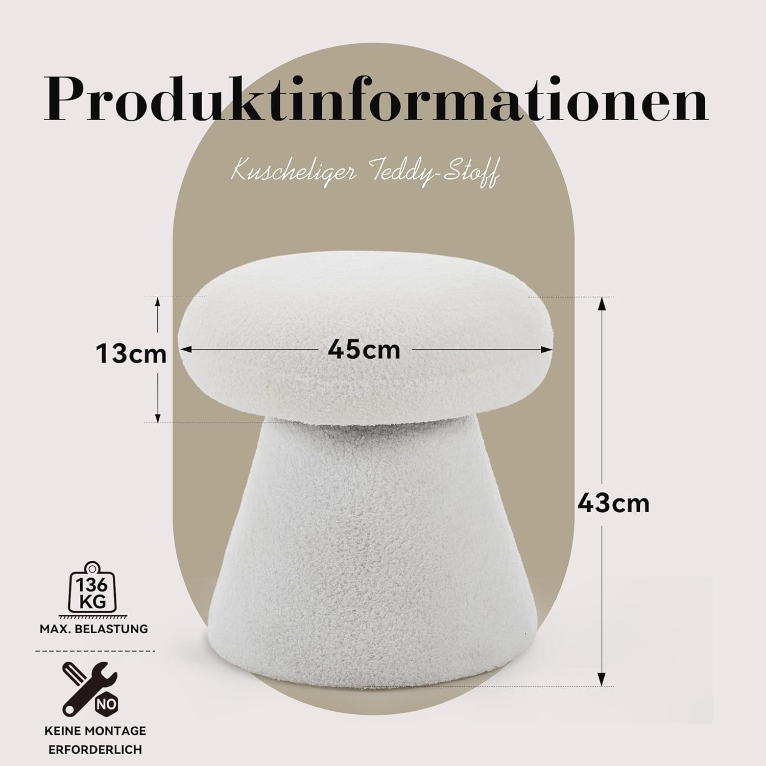 DEKKETO Hocker 360° Drehbarer Teddy-Pilz-Hocker als Schminktischhocker & Fußhocker (1 St), Bequemer Polsterhocker für Schlafzimmer, Ankleidezimmer & Wohnzimmer – Bild 2 von 5