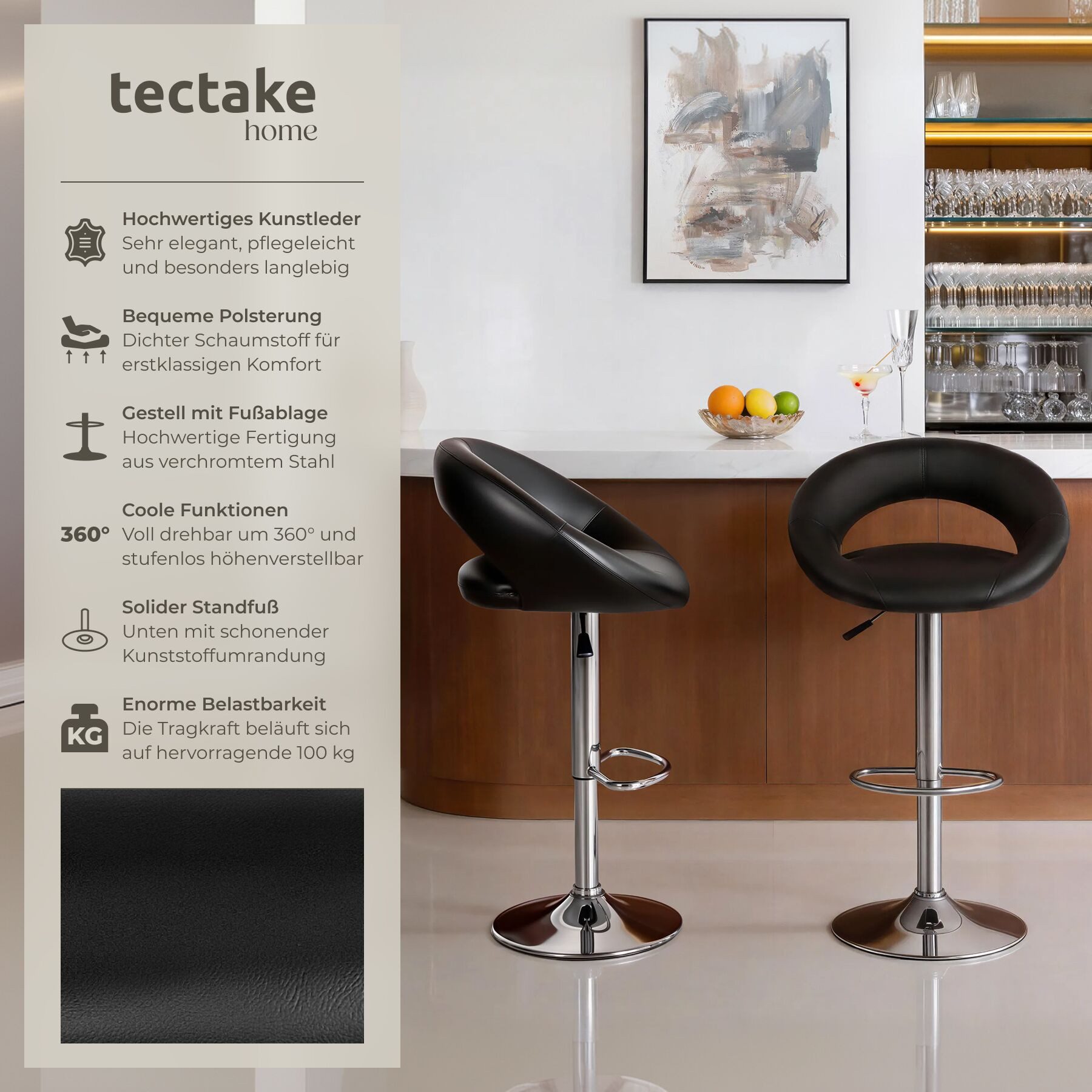 tectake Barhocker 2er Set Barstühle gepolstert mit Rückenlehne, Sitzhöhe 63 - 83 cm (Barstühle Christian, in schwarz), Bezug aus Kunstleder, drehbar und höhenverstellbar, mit Fußstütze