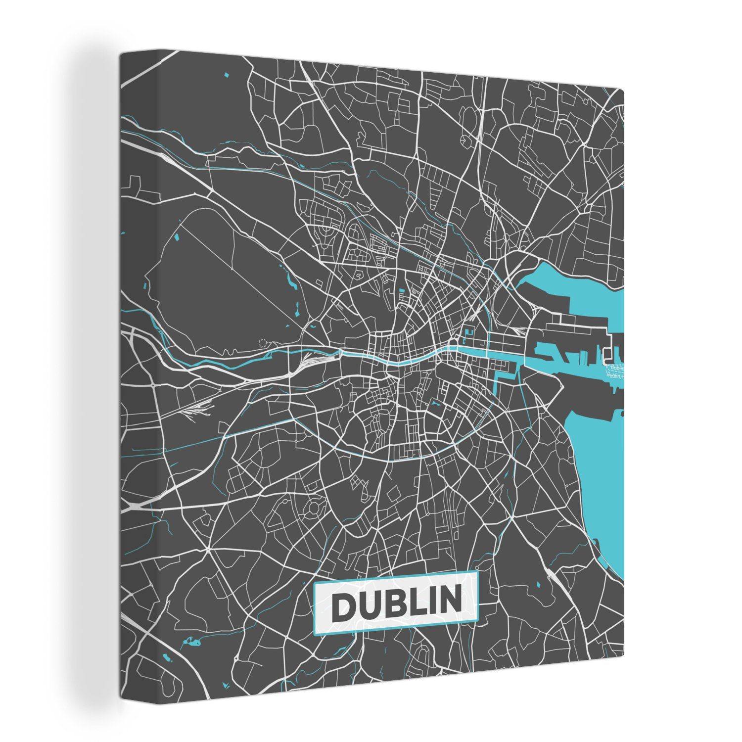 OneMillionCanvasses® Leinwandbild Dublin - Stadtplan - Karte - Blau, (1 St), Leinwand Bilder für Wohnzimmer Schlafzimmer