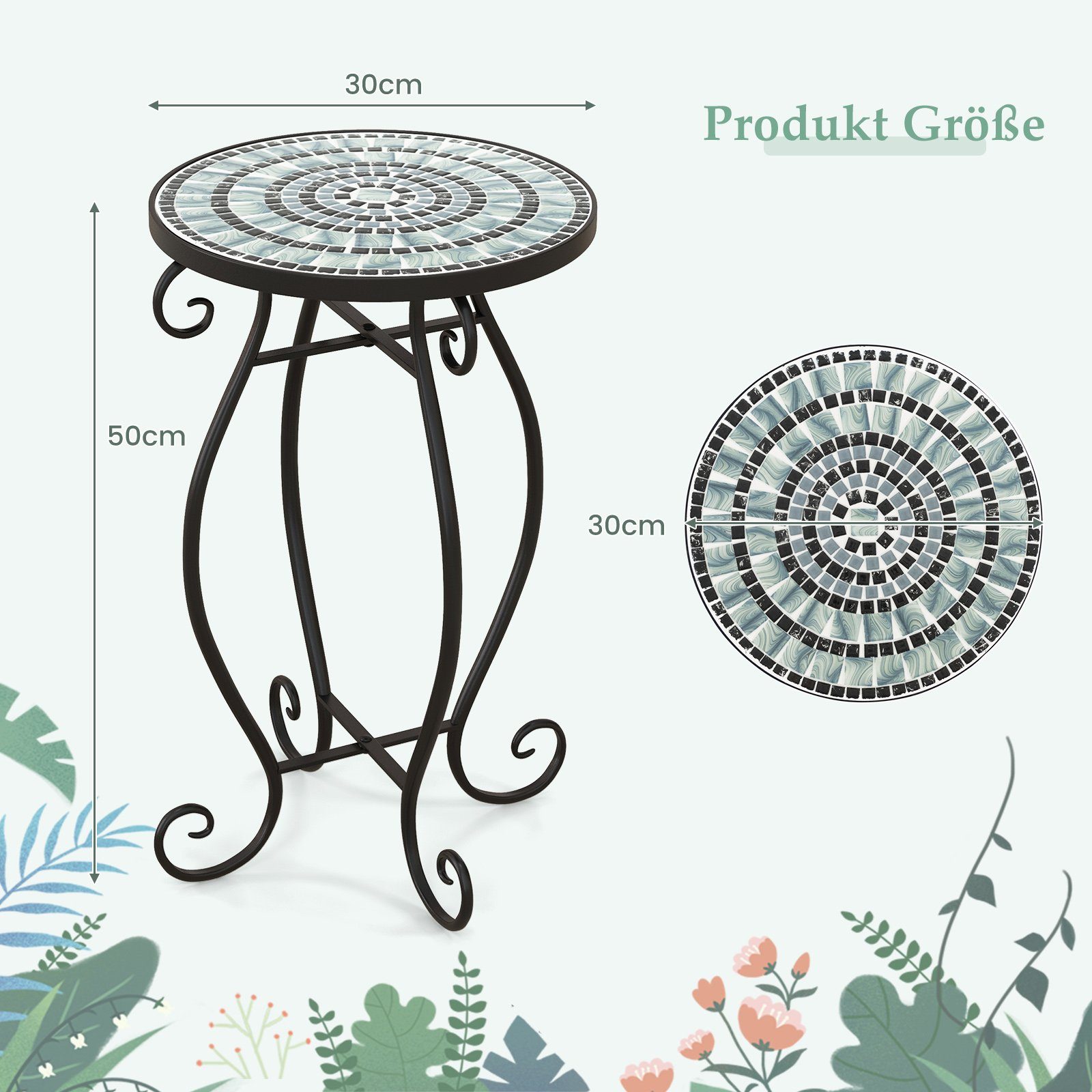 KOMFOTTEU Gartentisch Mosaik Beistelltisch, mit Metallgestell, Ø30cm – Bild 5 von 5