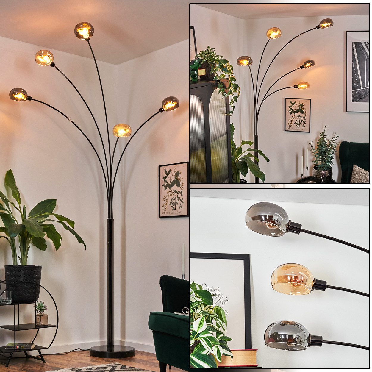 Stehlampe Stehlampe aus Metall in Schwarz/Chrom/Bernstein/Rauch, Retro-Design