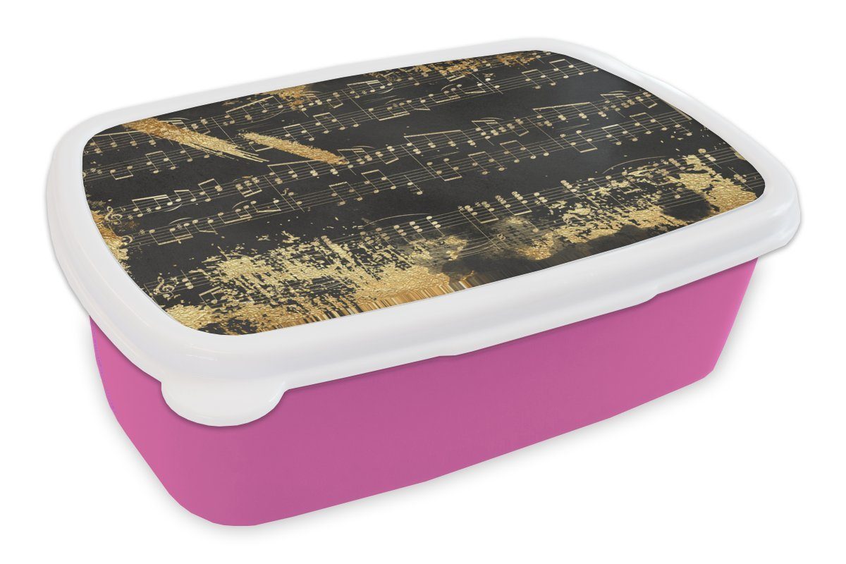 MuchoWow Lunchbox Musik - Gold - Schwarz, Kunststoff, (2-tlg), Brotbox für Erwachsene, Brotdose Kinder, Snackbox, Mädchen, Kunststoff rosa