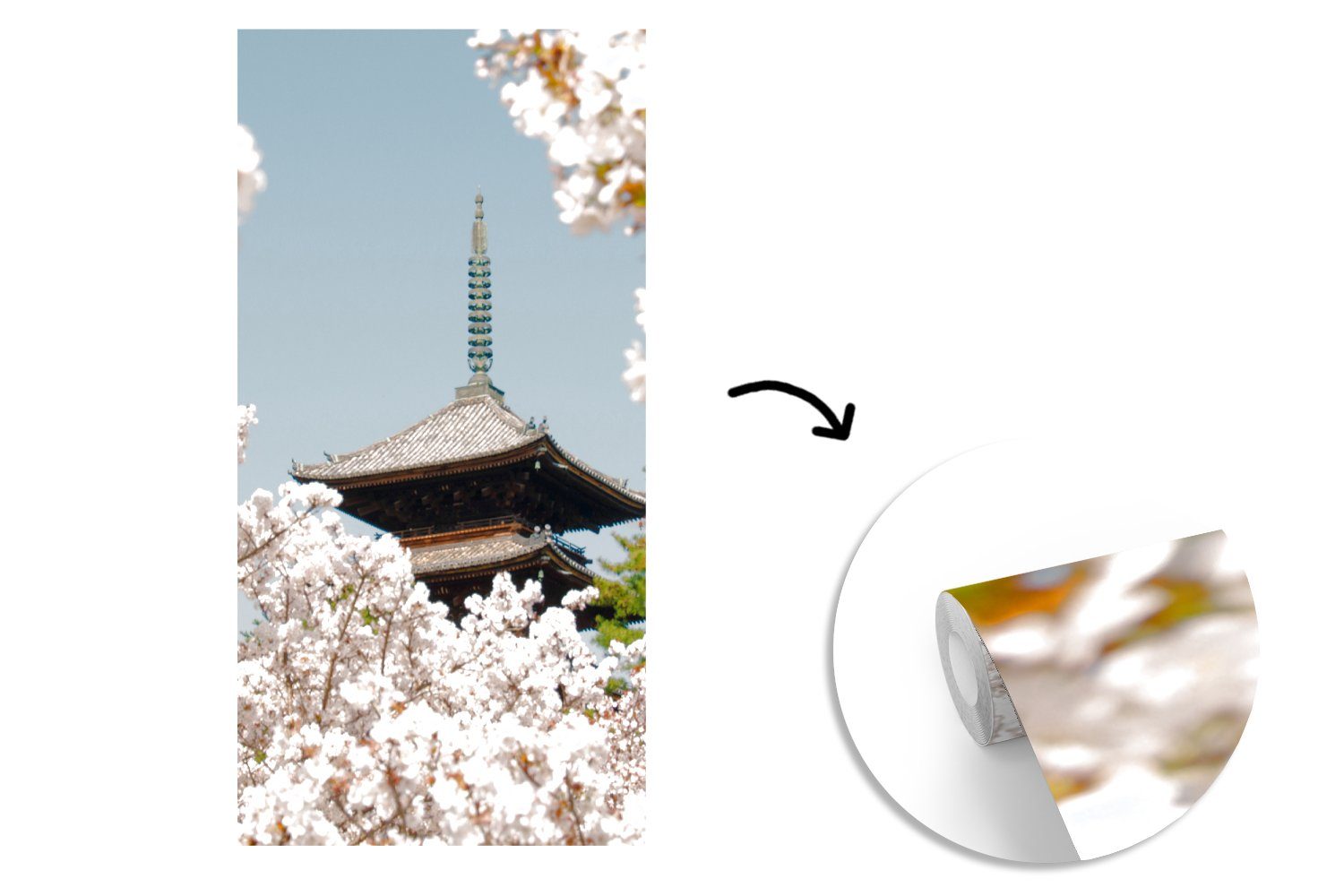 - Schlafzimmer bedruckt, - - Küche, Wohnzimmer Matt, (2 St), Blütenbaum Japan Frühling, - Vliestapete MuchoWow Pagode Fototapete Fototapete Sakura für