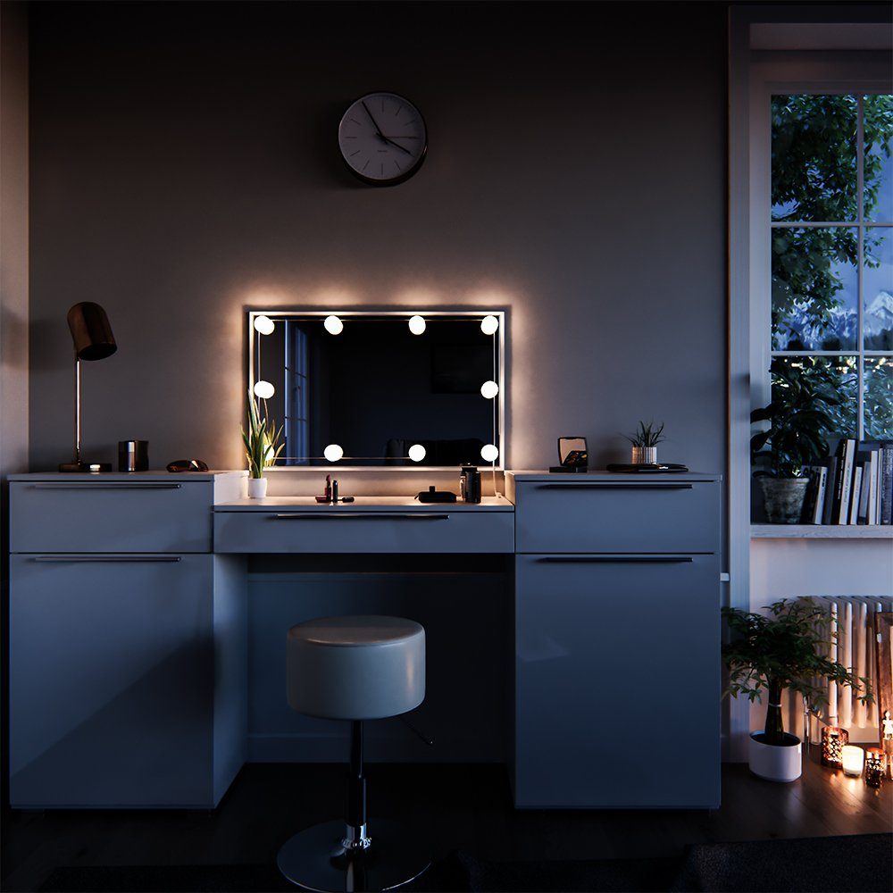 Schminktisch Lilli, Weiß Hochglanz, 190 cm mit LED Beleuchtung und Hocker