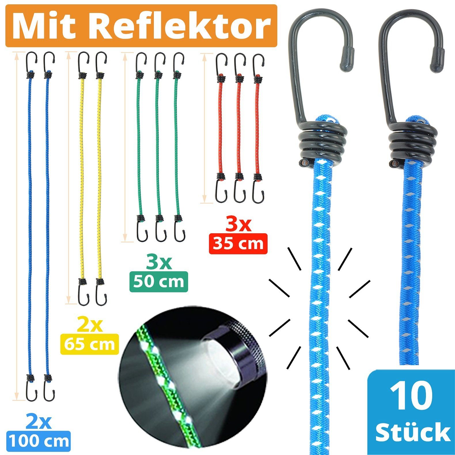 valonic Spanngurt valonic KRAKEN Gepäckspanner-Set 10 Stück, reflektierend  (10er Set, 10 Stück Gepäckspanner) Gepäckspanner Set - gute Dehnung