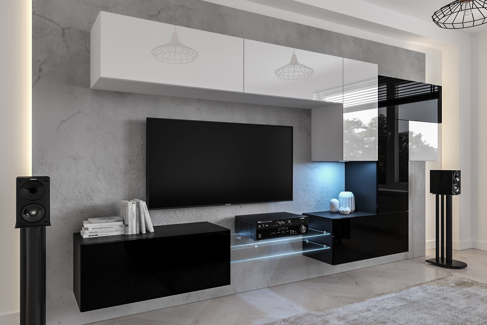 Design - (Komplett ROYAL24_MARKT in Wohnwand Wohnzimmer - Wohnwand Elegantes Moderne Hochglanz Premium-Qualität, Set, Innovation - und Weiß-Schwarz Beleuchtung Qualität - 10-St., NovaStyle),