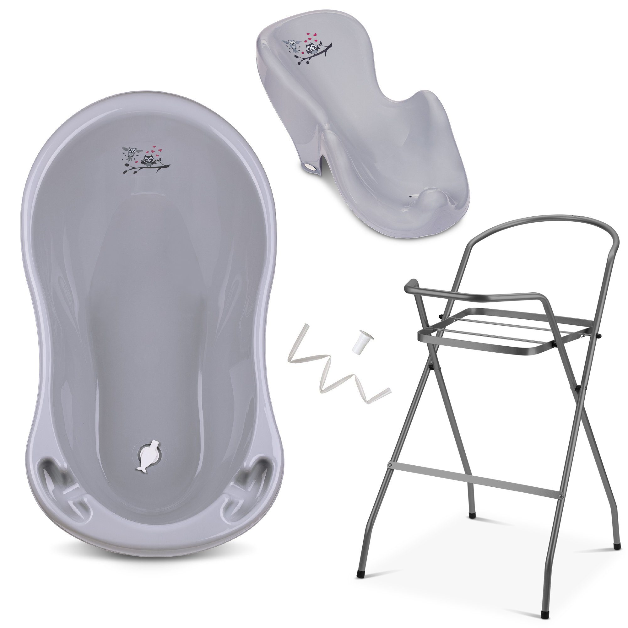 Babykajo Babybadewanne, (Set, 4-tlg), Baby Wanne mit Ständer, Wannensitz, Schlau - TÜV Rheinland geprüft Eule grau