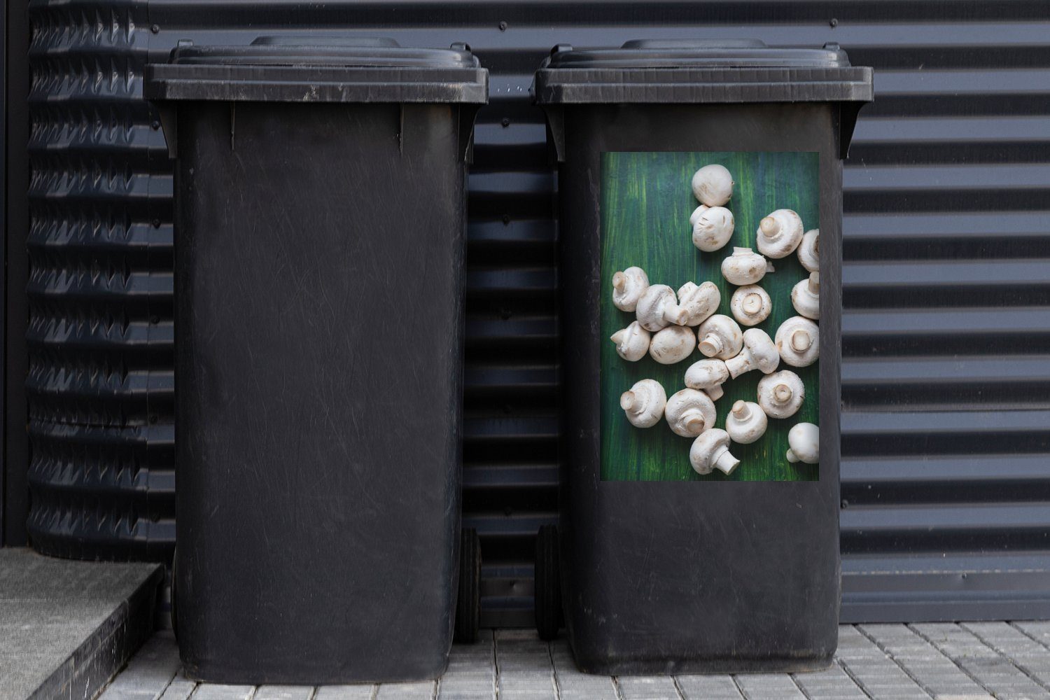 Wandsticker Abfalbehälter auf MuchoWow Mülleimer-aufkleber, Pilze grünem Sticker, Hintergrund Container, Frische Mülltonne, St), (1