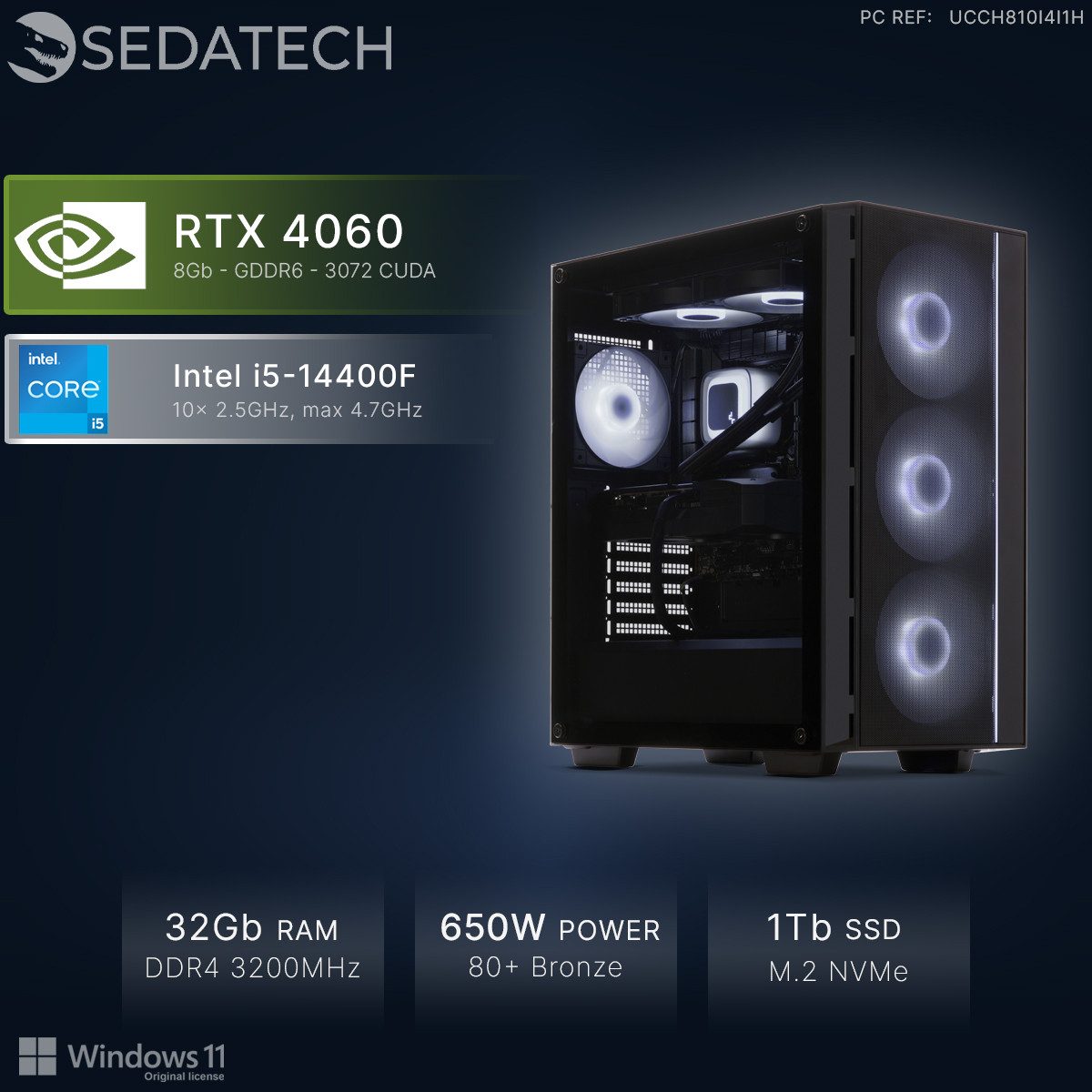 Sedatech UCCH810I4I1HF - Watercooling Gaming-PC (Intel Core i5 14400F 10x 2.5GHz (max 4.7GHz), Geforce RTX4060 8GB, 32 GB RAM, 1000 GB SSD, Watercooling, Wlan 6)
