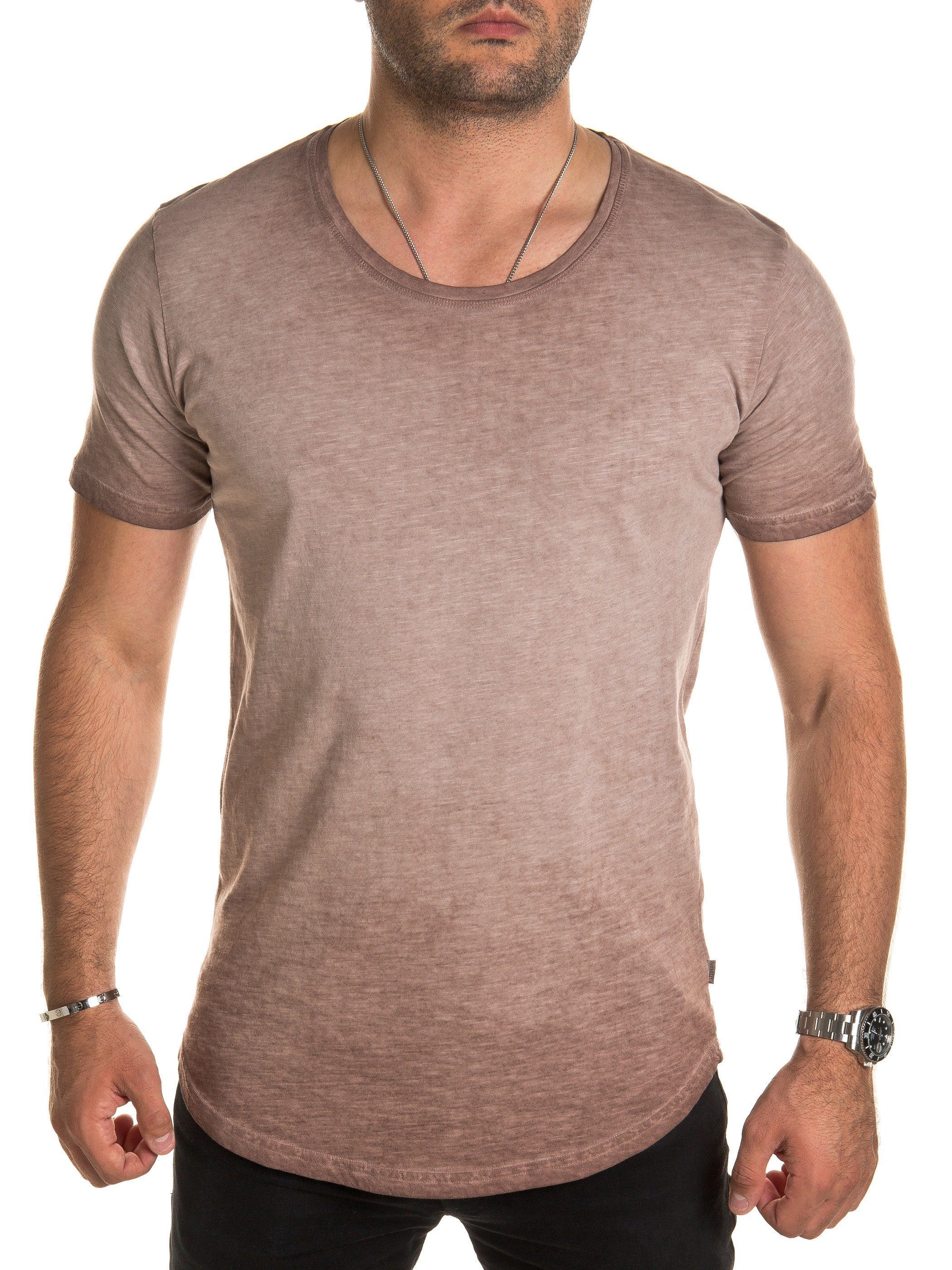 Crew Tee Oversize taupe T-Shirt 161318) Pittman Neck (1-tlg) (warm Washed Shredder Basic Braun