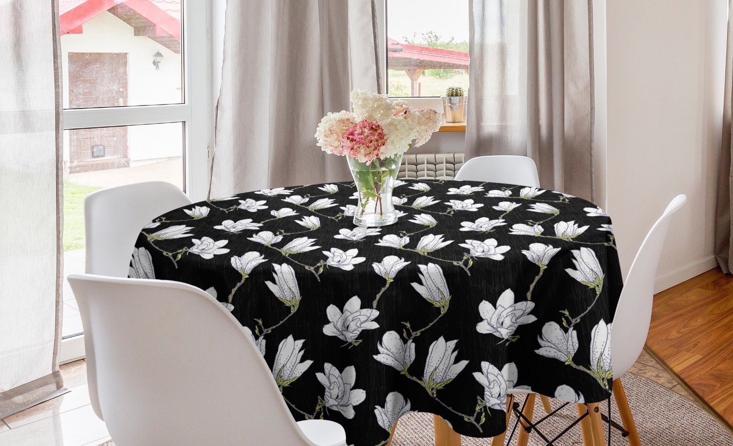 Abakuhaus Tischdecke Kreis Tischdecke Abdeckung für Esszimmer Küche Dekoration, Magnolie Landschaft Blumen