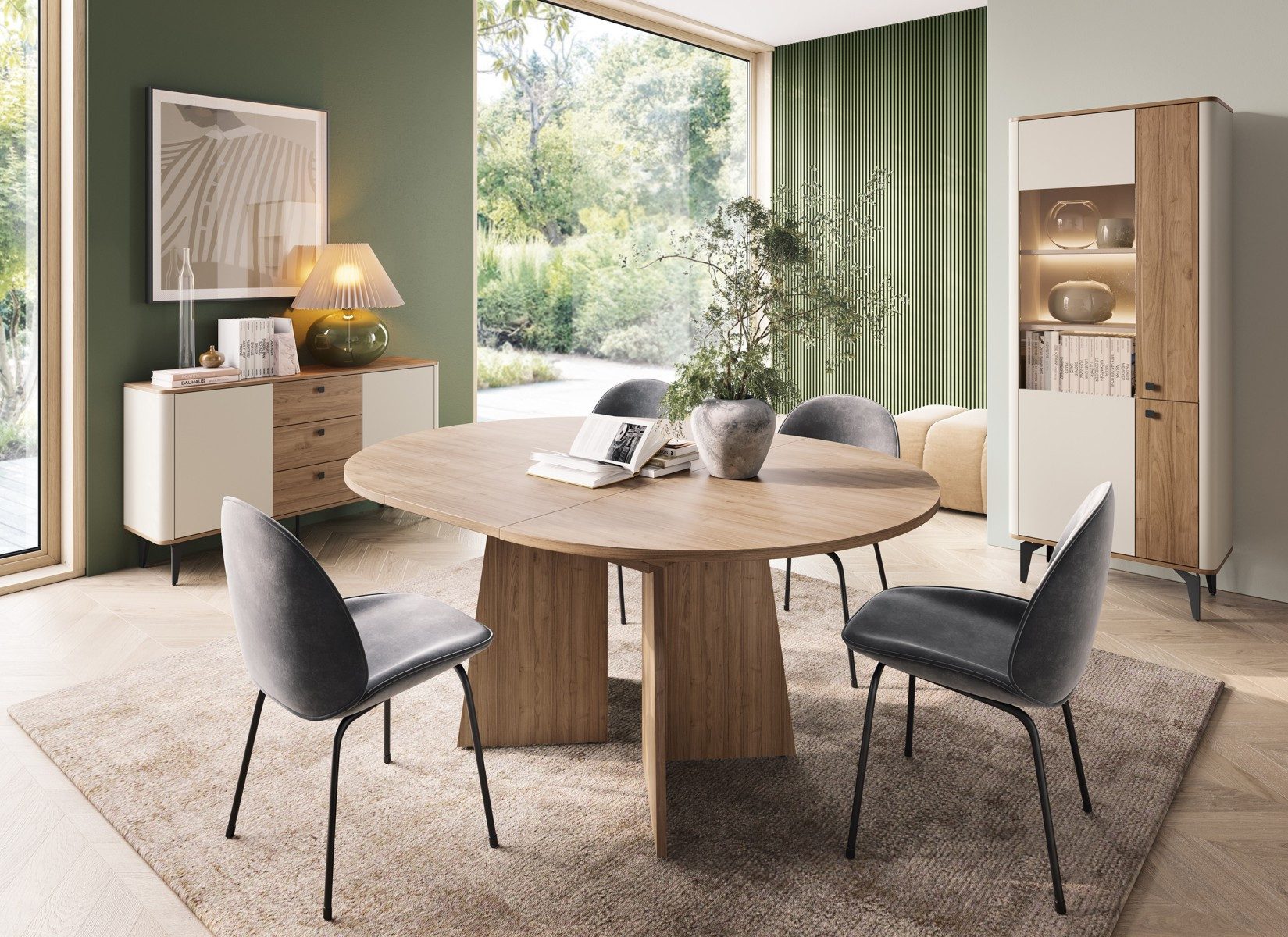 yourhouse24 Esstisch Runder ELENA ausziehbar 120-160 cm Eiche Japandi Design, Synchronauszug, interne Einlegeplatte, stabiles Kreuzgestell