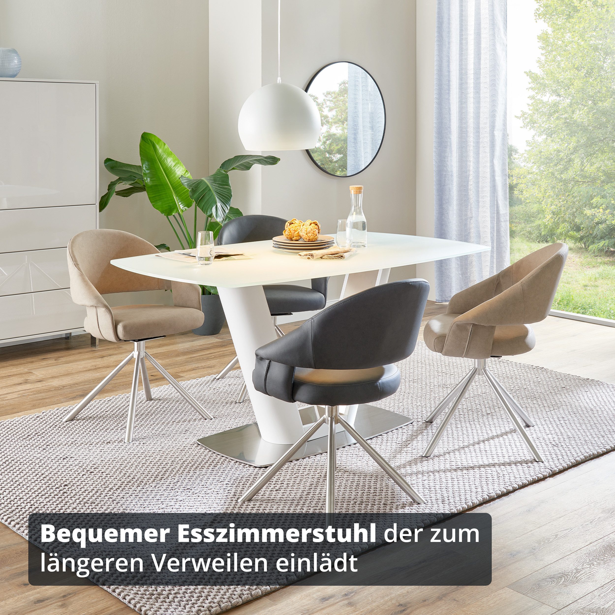 KHG Esszimmerstuhl Polsterstuhl Kunstleder Anthrazit-Silber, 180° drehbar (Drehstuhl modern), Metallgestell mit Drehfunktion bis 120 kg belastbar