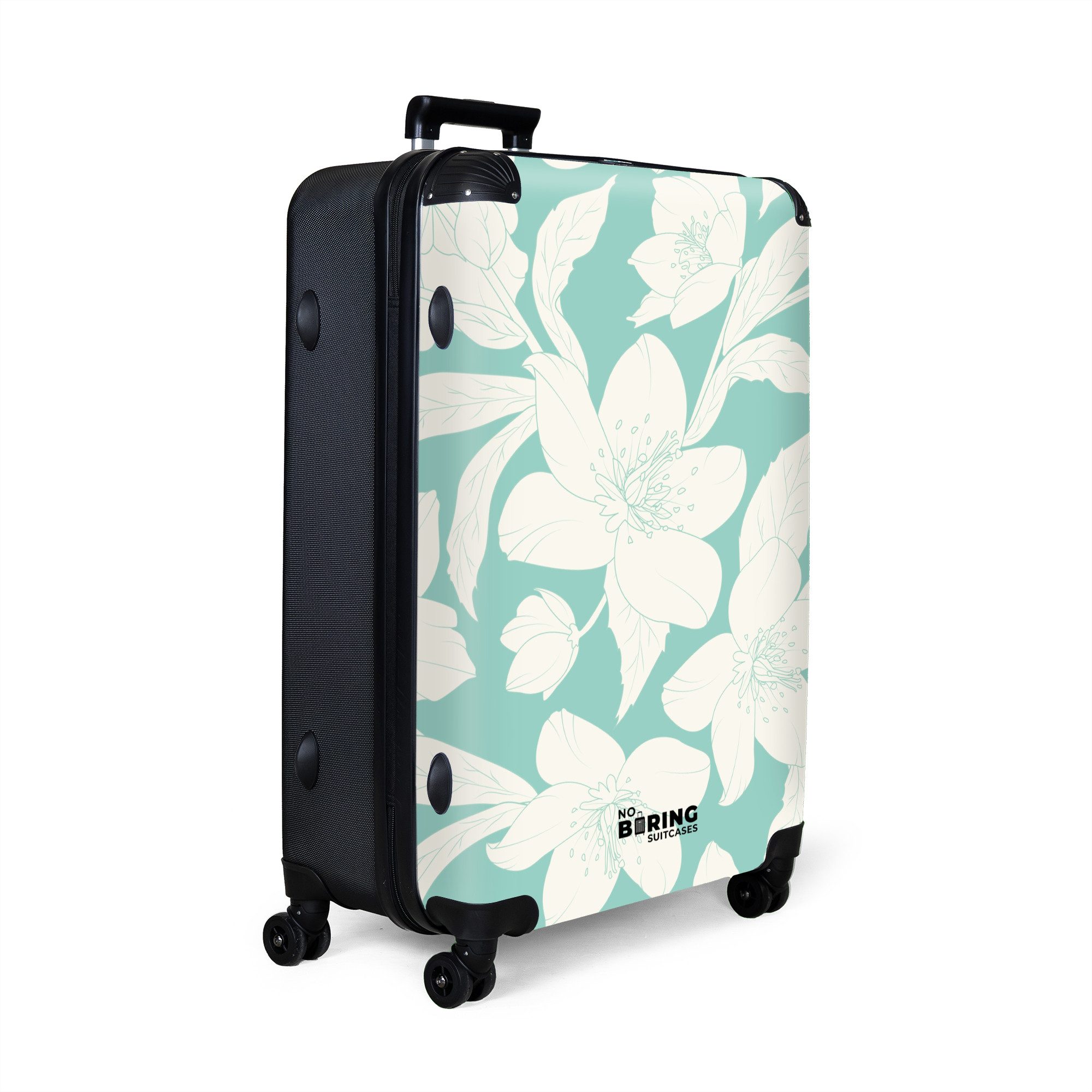 NoBoringSuitcases.com© Hartschalen-Trolley Türkis mit weißen Blumen günstig online kaufen