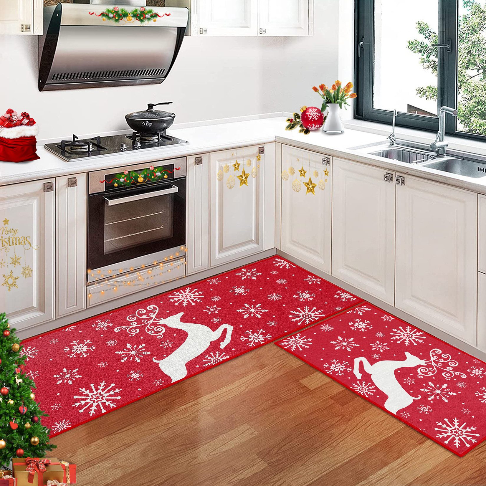 GarveeMore Küchenläufer Weihnachten Küchenteppich Set 40x60cm + 40x120cm, rutschfest, waschbar, festliches Motiv für Küche & Eingang,Innenbereich