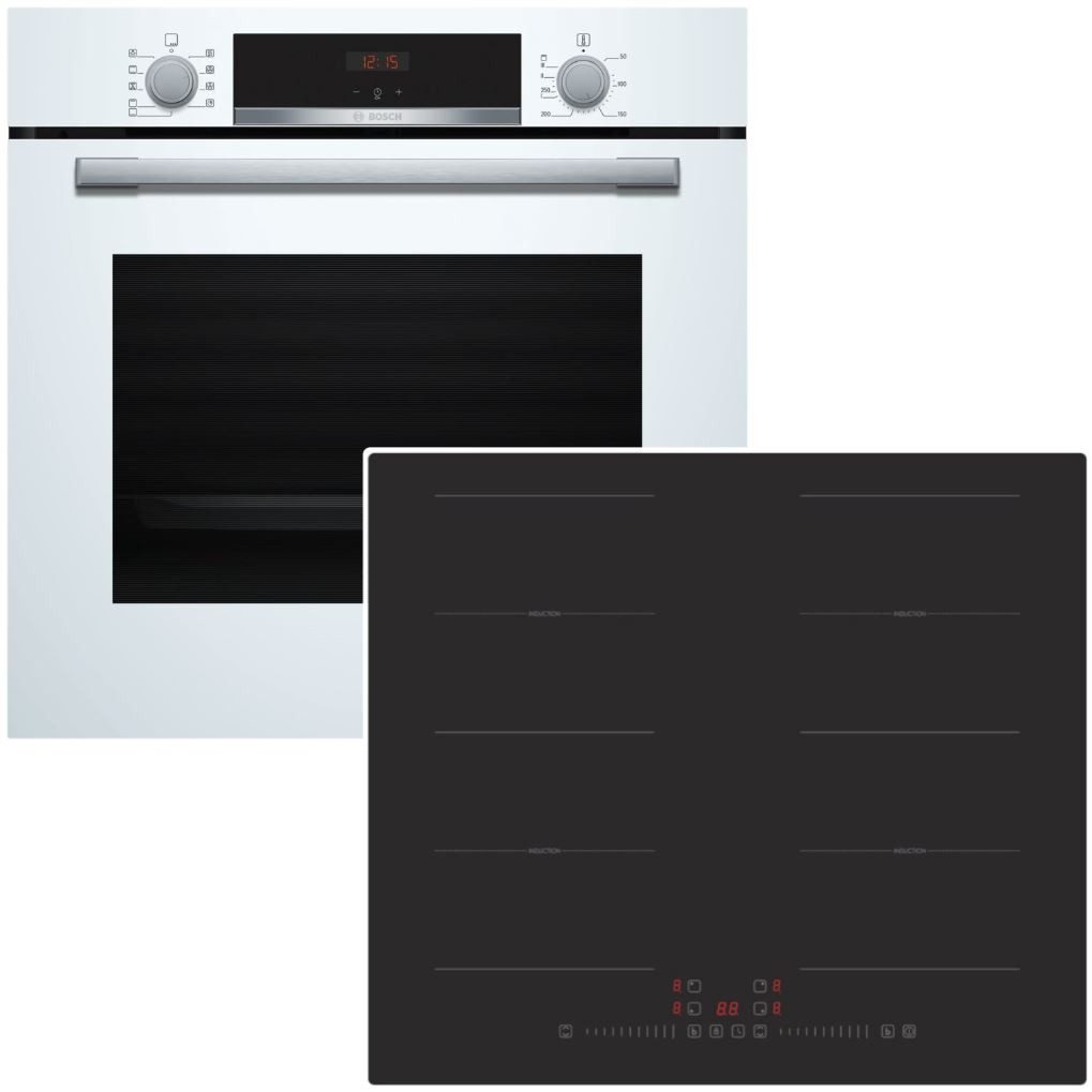 BOSCH Backofen-Set Weiß 71 Liter 3D Heißluft Hydrolyse Induktionskochfeld 60 cm Flexzonen, Hydrolyse