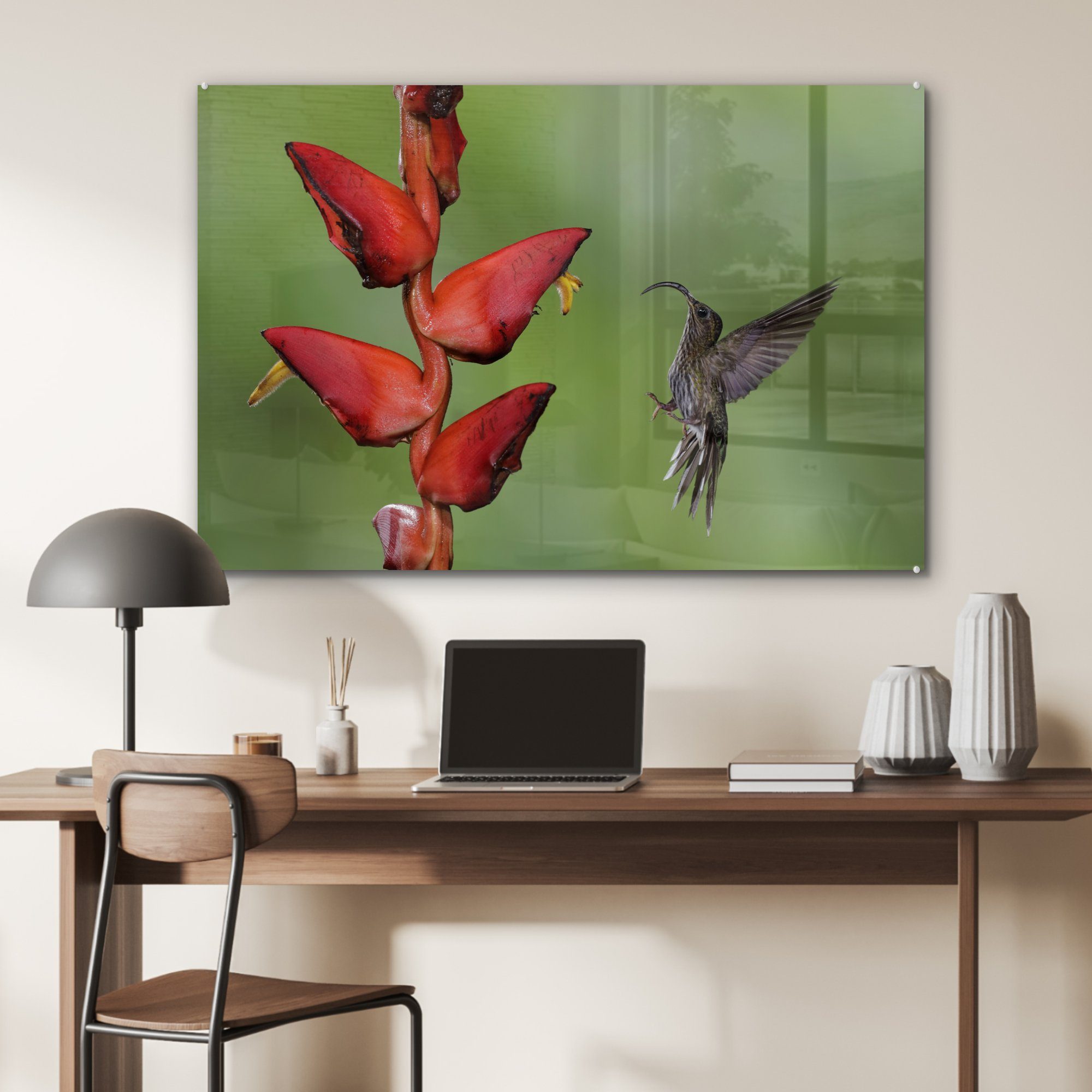 fliegender Nähe Hakennasenkolibri Wohnzimmer & MuchoWow Schlafzimmer einer Ein der roten St), in Acrylglasbilder (1 Acrylglasbild Blume,