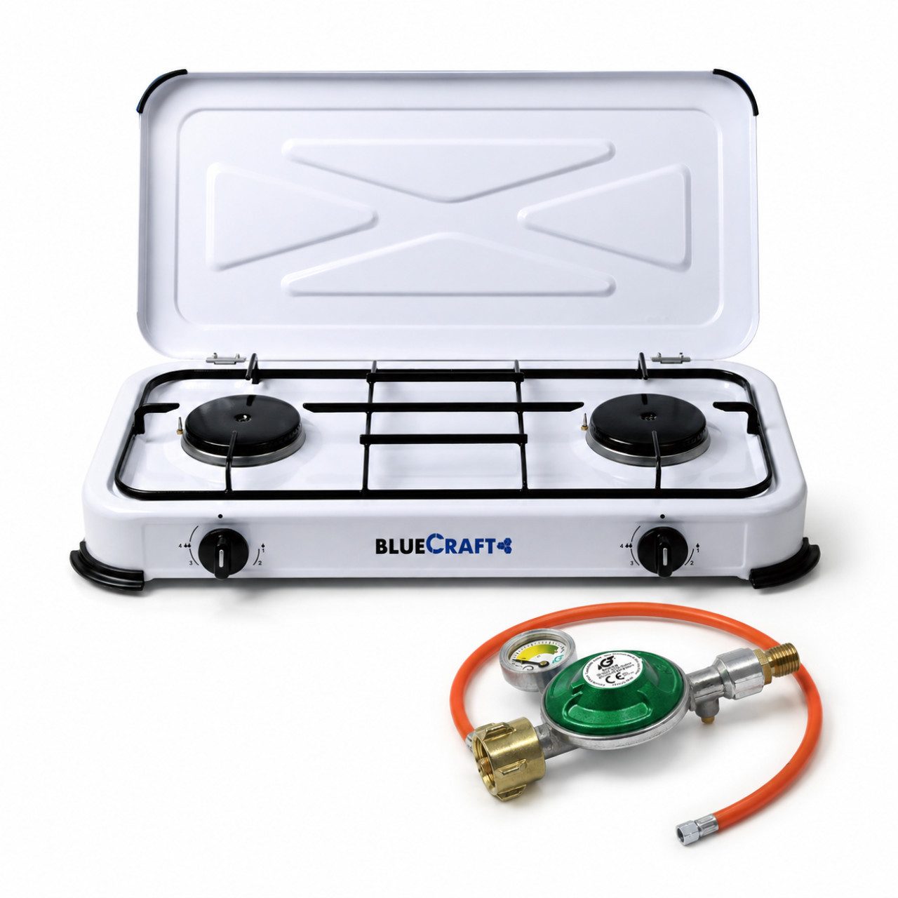 BlueCraft Gaskocher 2 flammig mit Zündsicherung 50mbar Propan Gas Campingkocher 4,4 kW, (mit Schlauch 100 cm und Gas Regler Druckminderer mit Manometer), Camping Gas Kocher 2 flammen für Gasflasche Gasherd Gas-Kochfeld