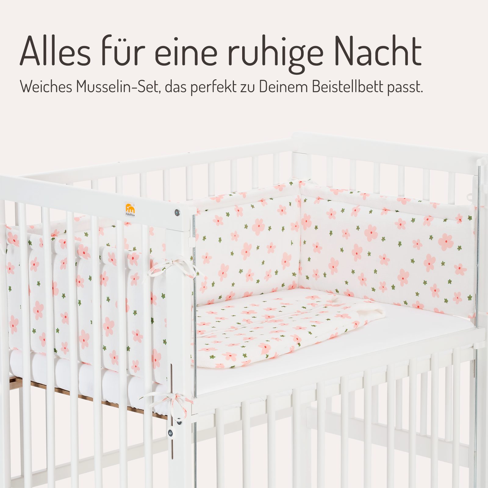 FabiMax Babyschlafsack Musselin Schlafsack und Nestchen für Beistellbetten Boxspring, Aus 100 % Baumwoll-Musselin – weich, atmungsaktiv & hautfreundlich