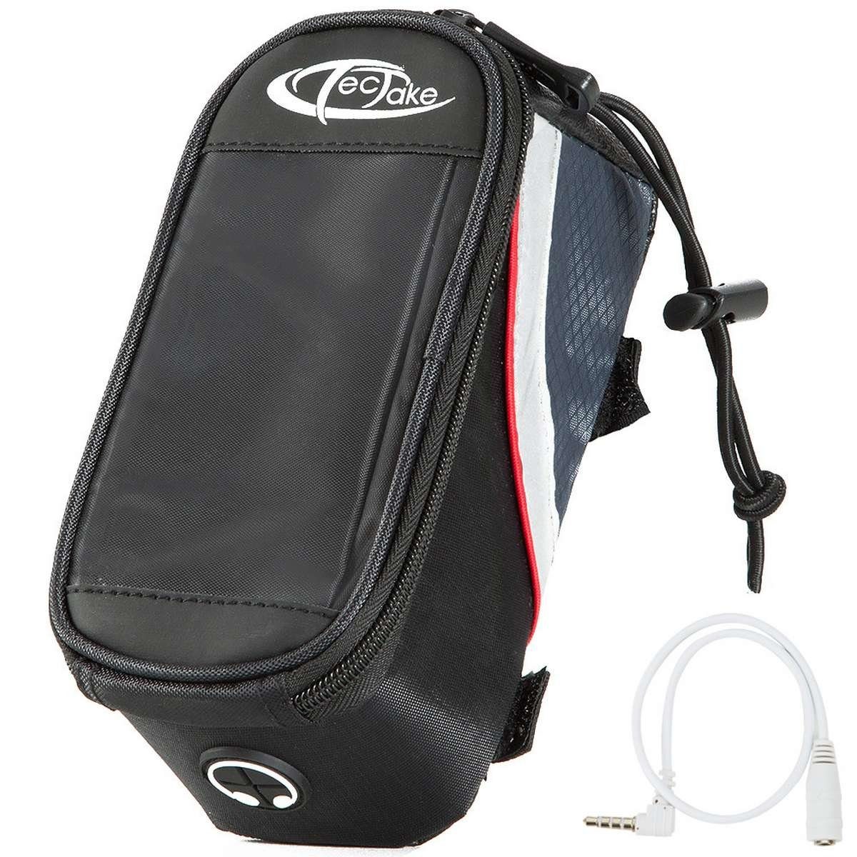 tectake Fahrradtasche Fahrradhandytasche, Zusätzliche Spannseil-Sicherung, (Gepäckträgertasche, in schwarz/grau/rot), Wasserabweisend, Handyfach mit Sichtfenster, Audio-Verlängerungskabel