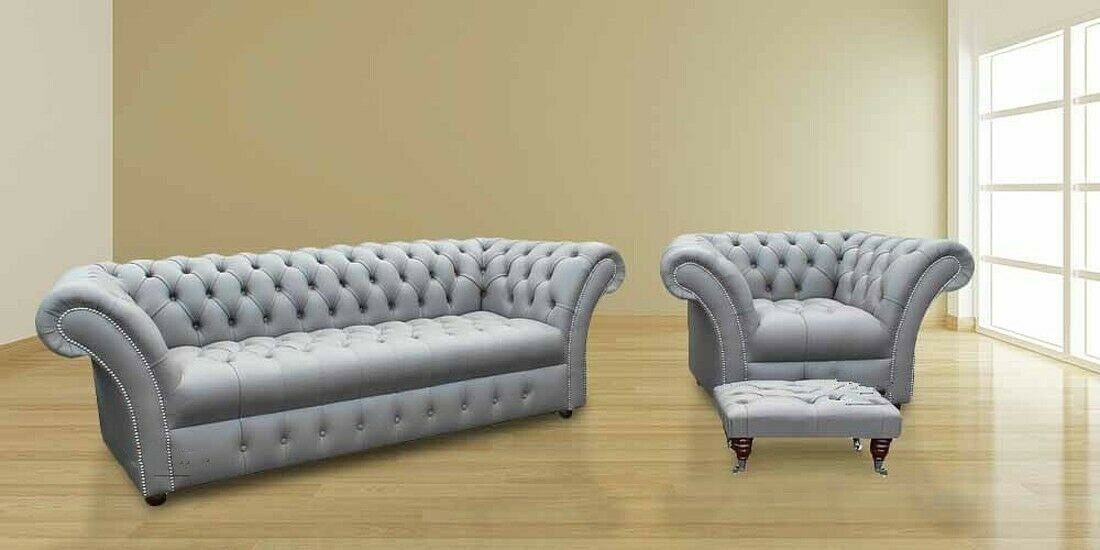 JVmoebel Sofa Hellgraue Chesterfield Sofagarnitur 3+1 Sitzer + Hocker Couch Set, Made in Europe