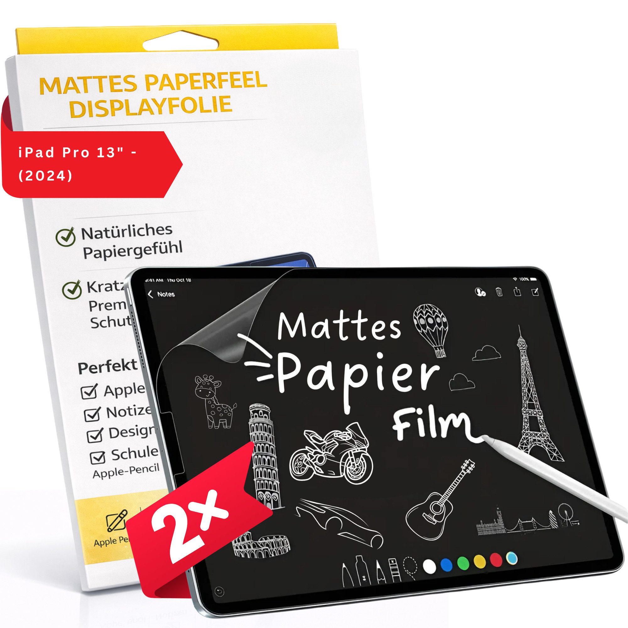 S&T Design Displayschutzfolie 2x Schutzfolie Matt für iPad Paper Like Papier-Schutzfolien für iPad Pro 13″ – (2024), Für iPad, Air, Pro, 2 Stück, Paper-Feel Blendfrei Kratzfest Screen Protector Fingerabdruck Zeichnen