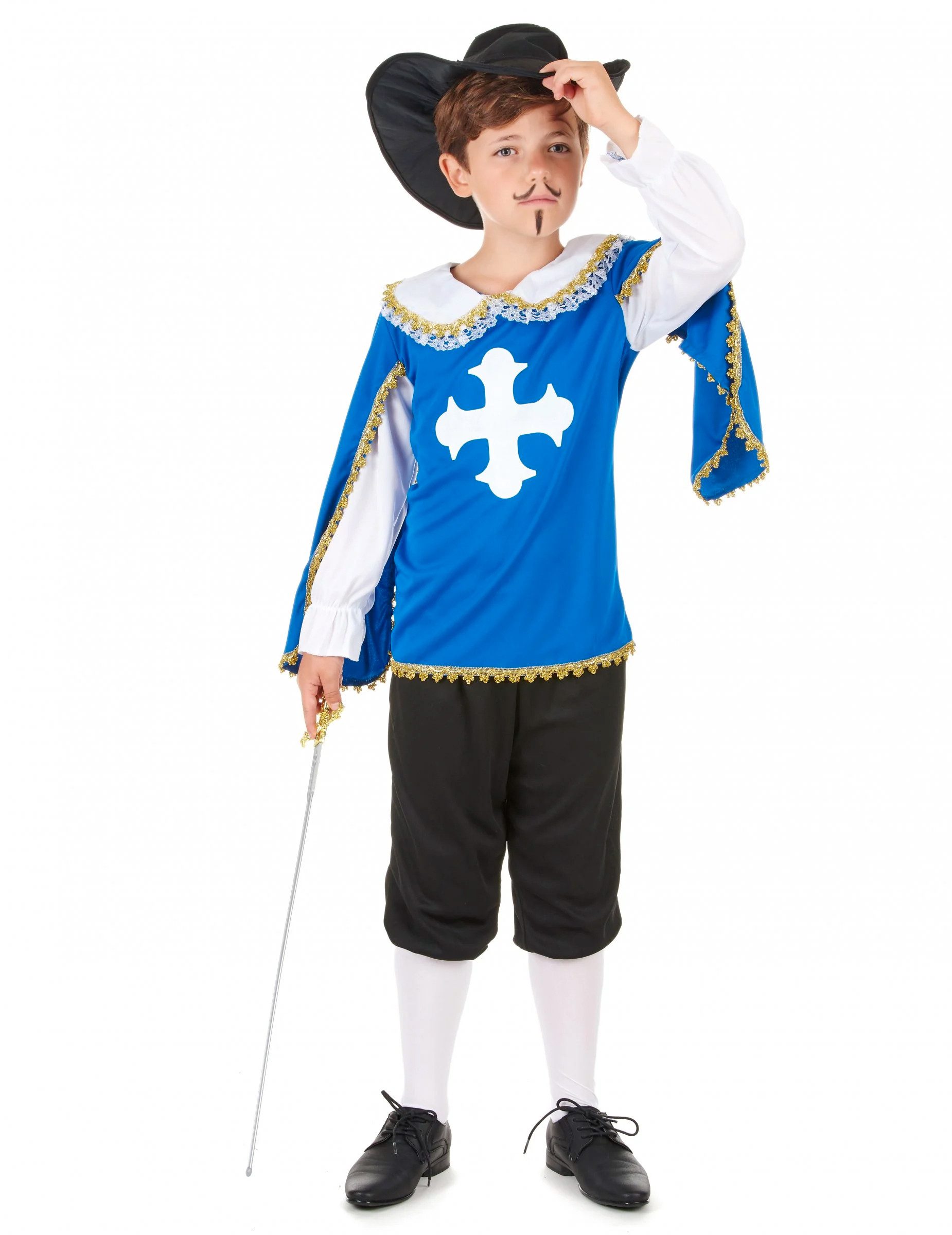 Kostüm Kinderkostüm Musketier Ritter blau-weiss-schwarz