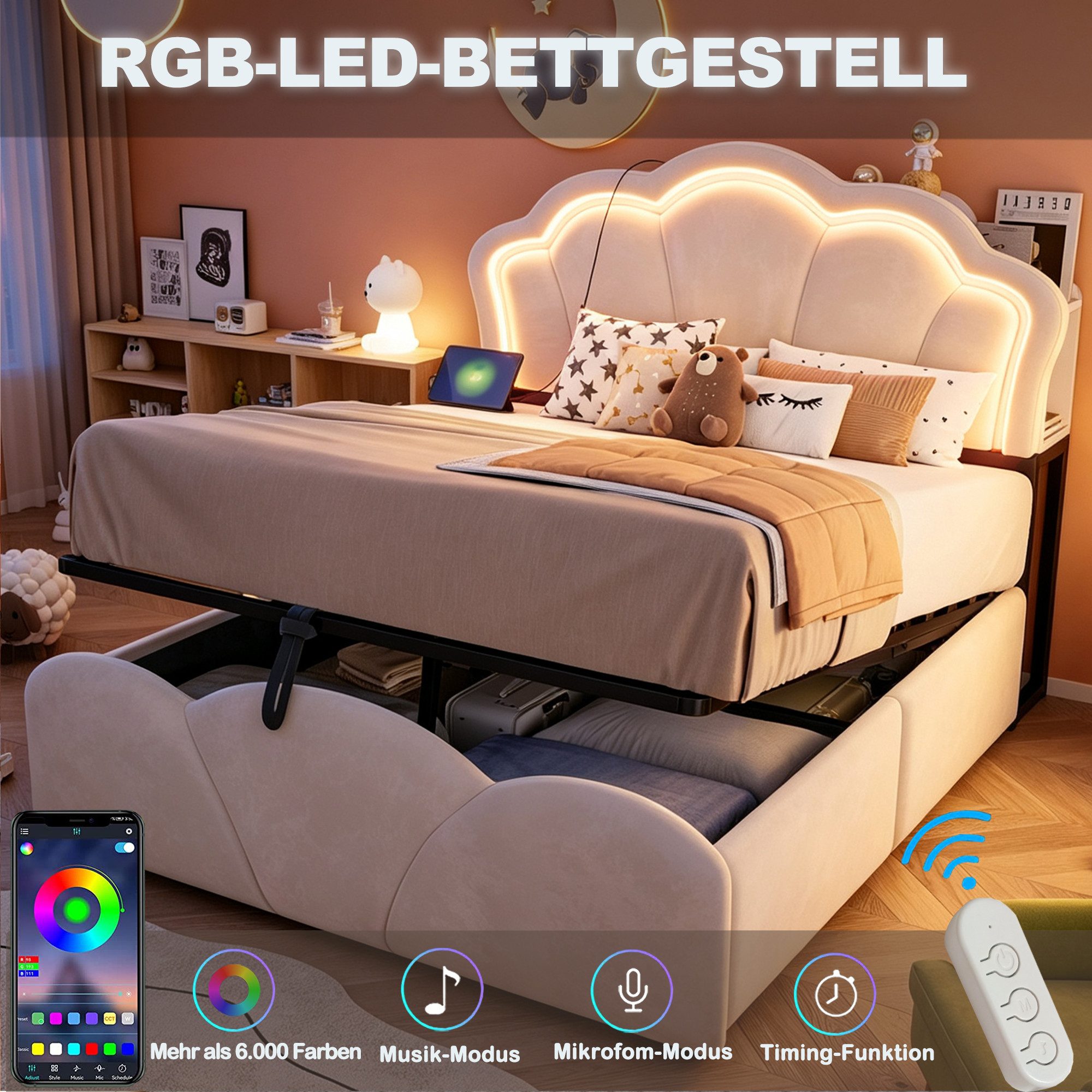Flieks Polsterbett, Hydraulisches Stauraumbett Blumen-Design 140x200cm mit LED & Aufladen
